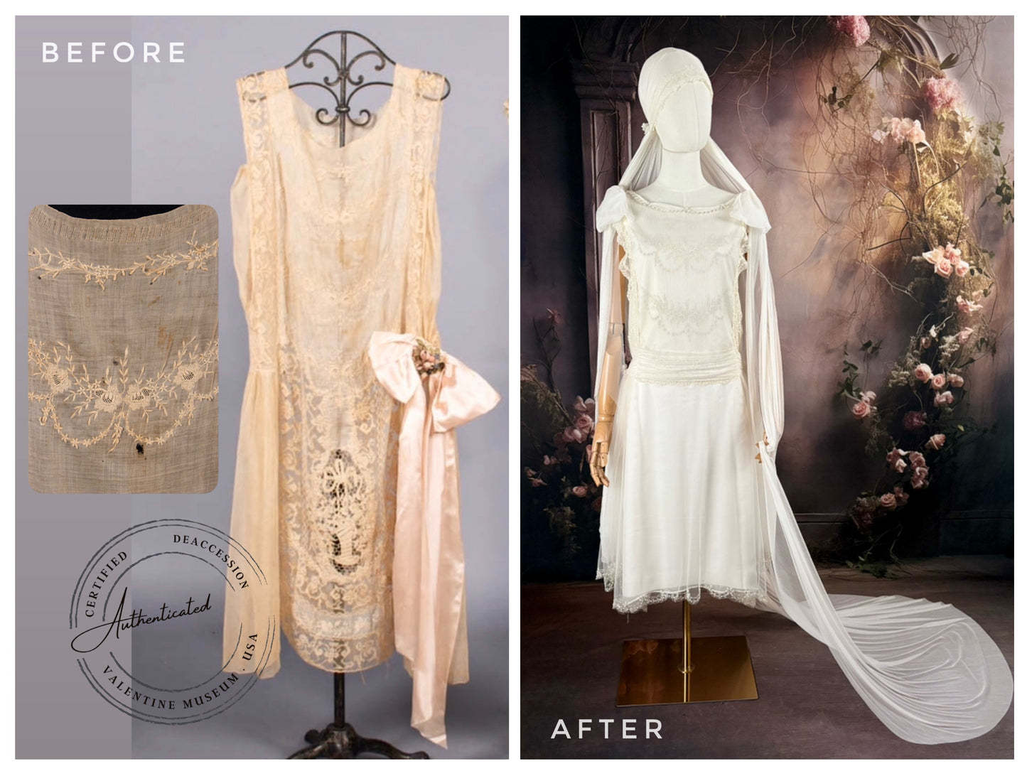 1920's Haute Couture Silk Tulle & Beaded Wedding Dress w/Juliet Veil