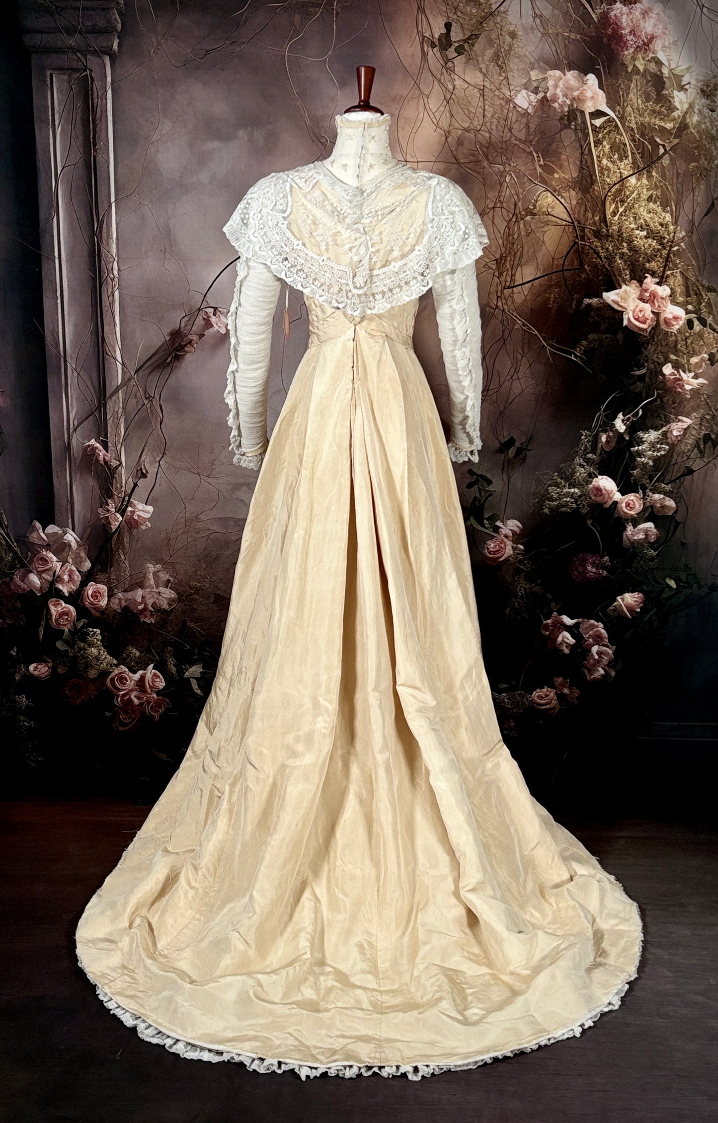 1900s Victorian Silk Shantung Wedding Dress W/Trailing Train "Museum Deaccession"