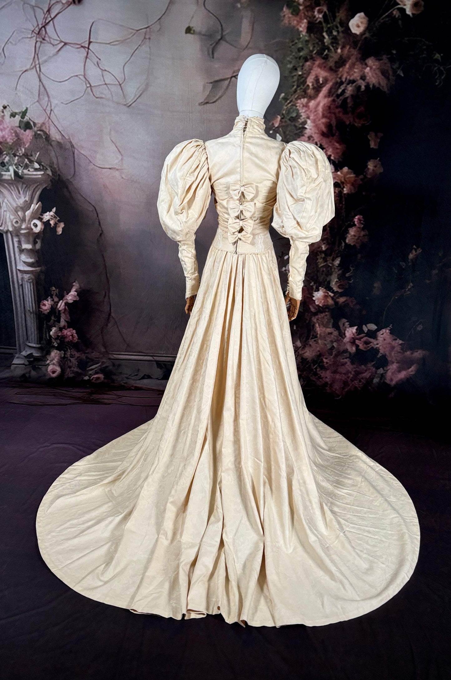 1970s "Victorian-Inspired" Wedding Dress Set W/Veil & Trailing Train