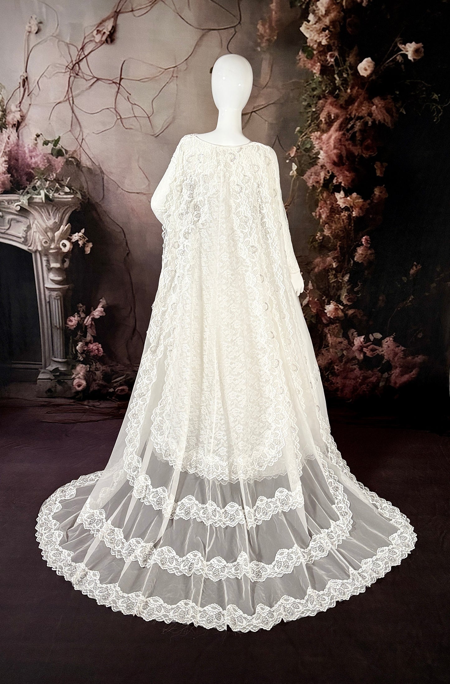 1960s Organza & Flat Lace Wedding Dress W/Trailing Watteau Train