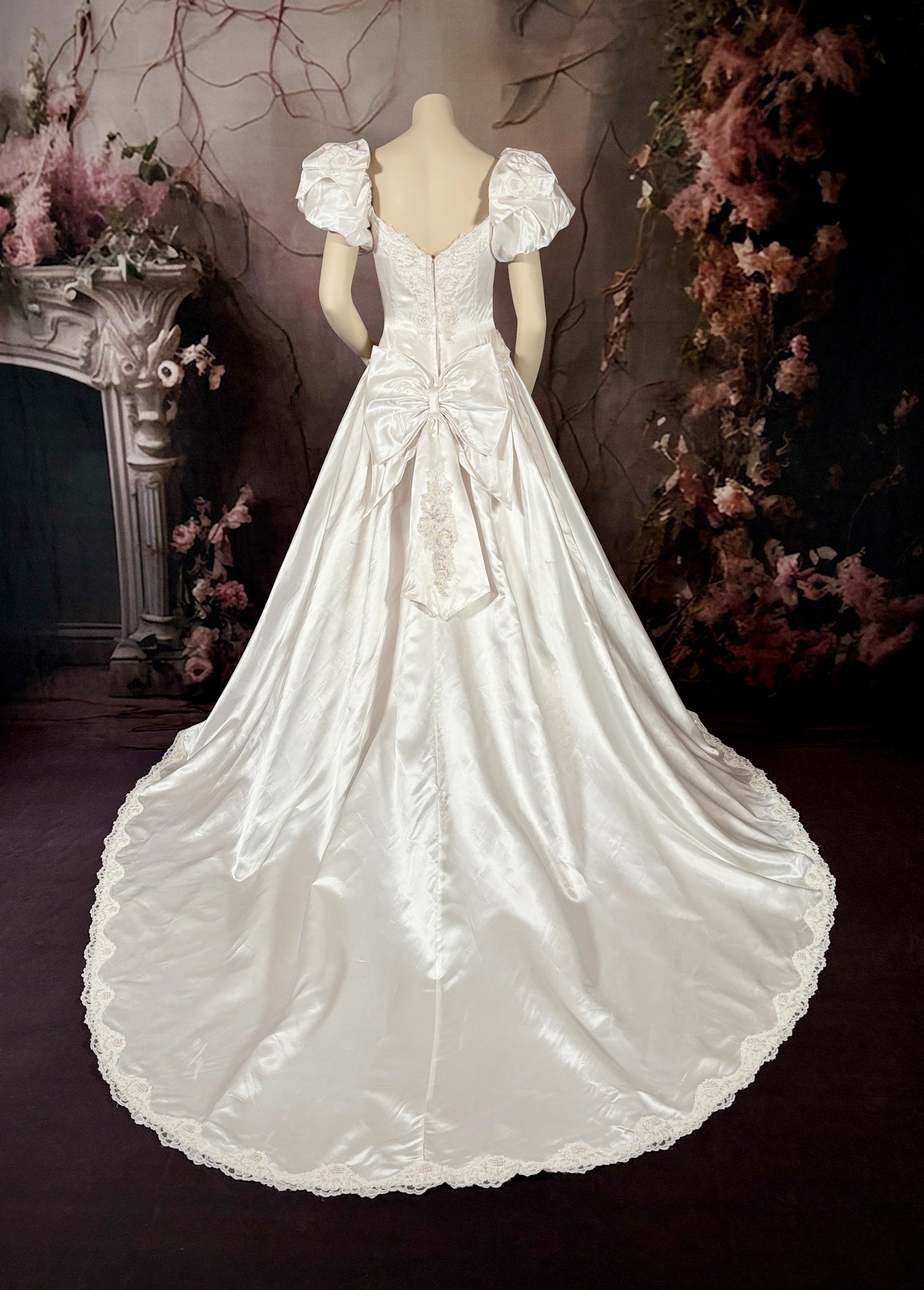 1980's Satin Wedding Dress w/Sweetheart Neckline, Melon Sleeves & Trailing Train