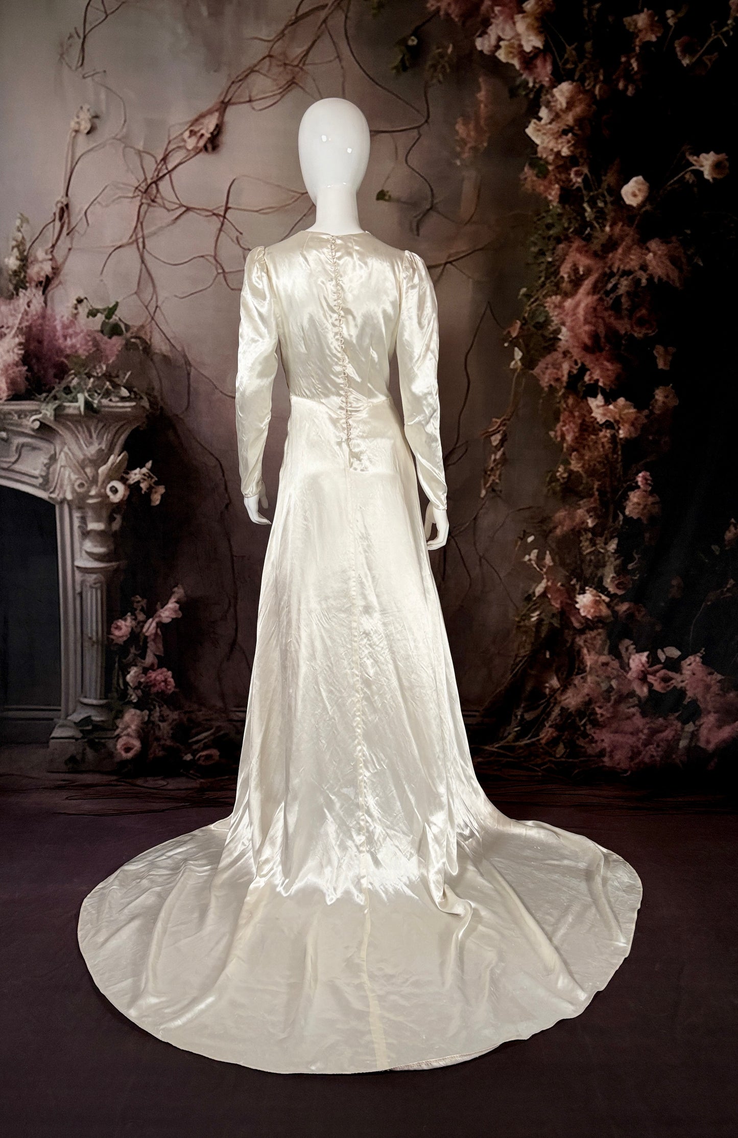 1930s Bias-Cut Candlelight Satin Wedding Dress w/Trailing Train