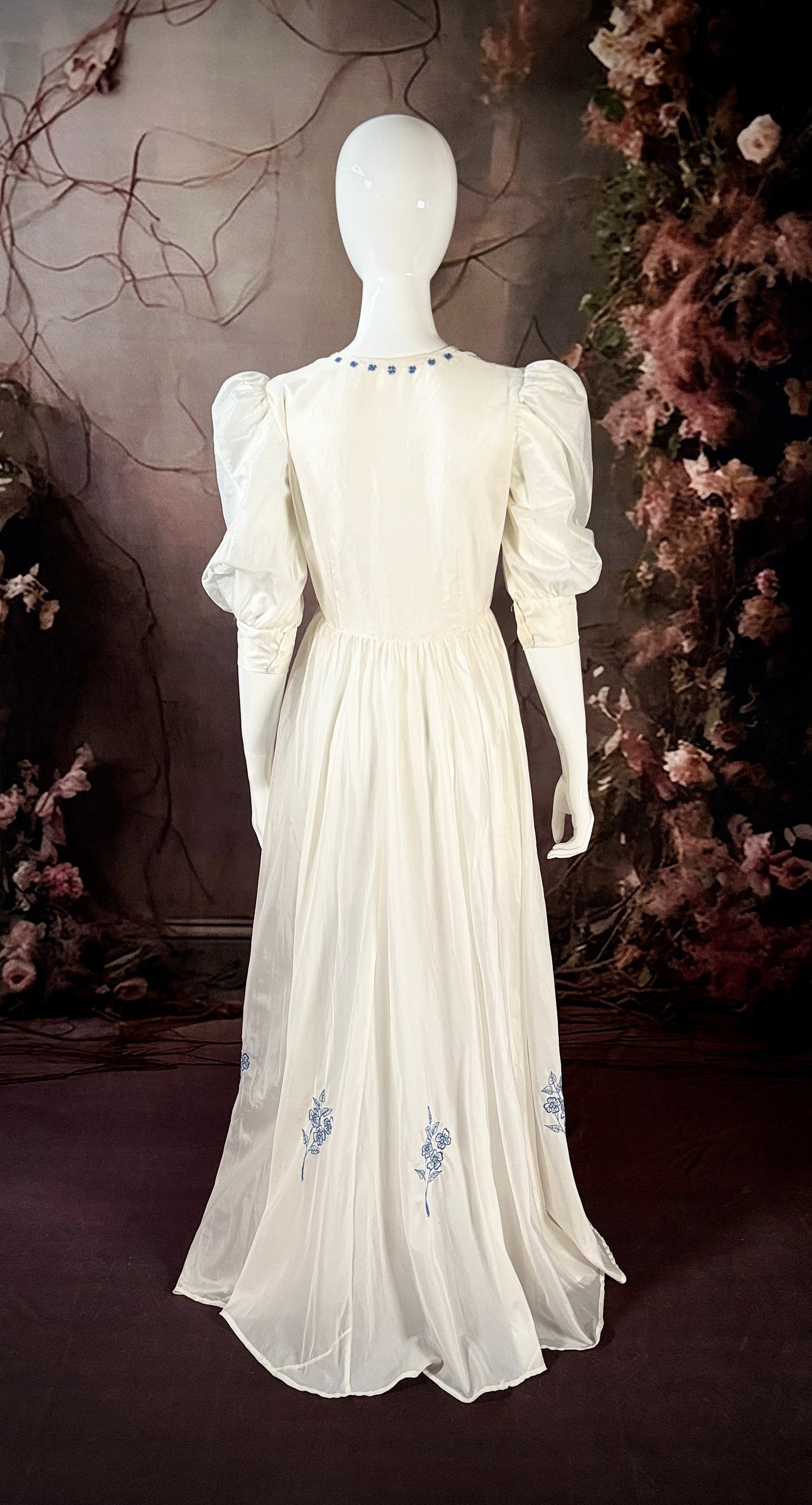 1940's Parachute Wedding Dress W/Bluework Embroidered Daisies