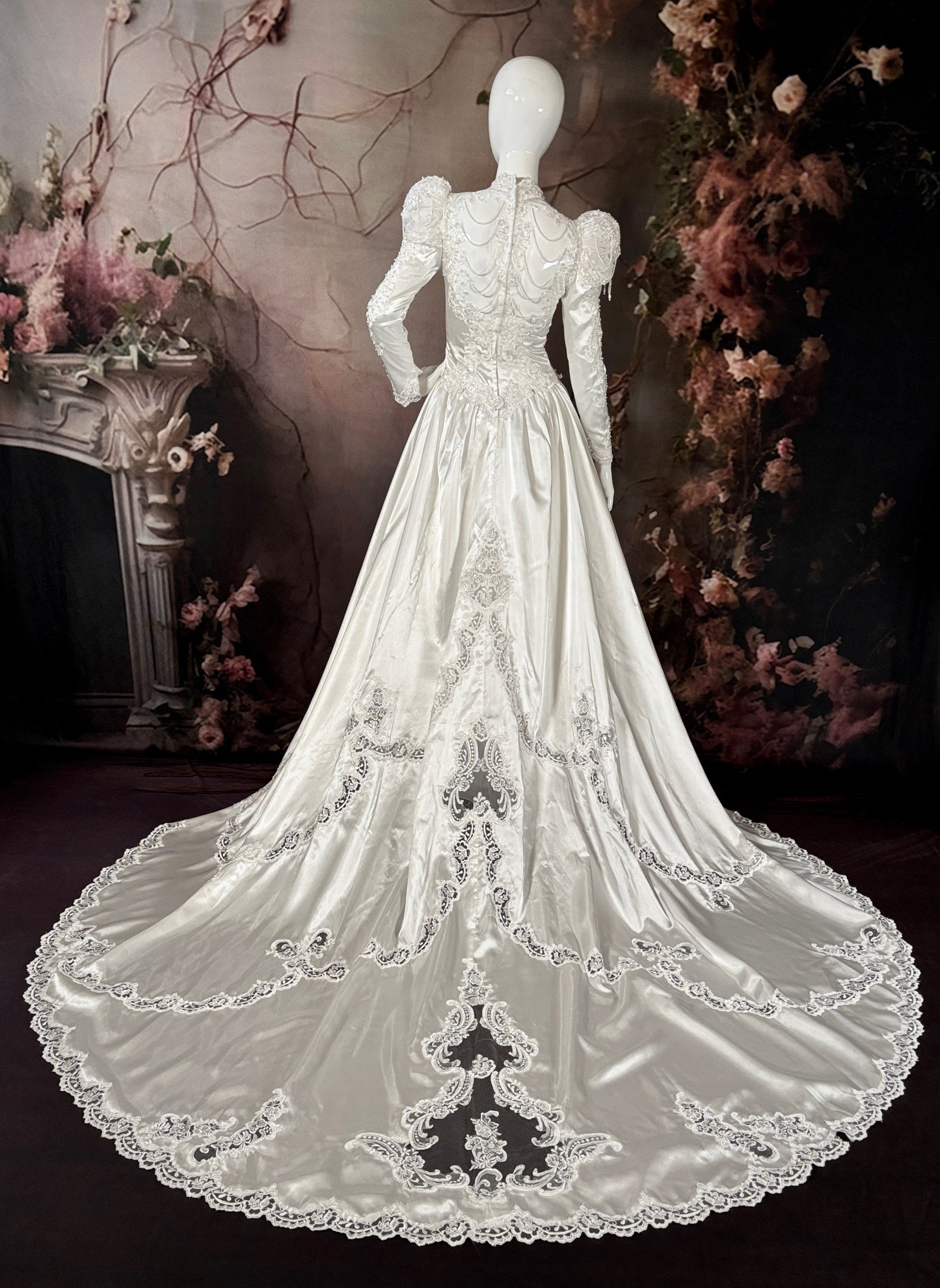 1980's Satin Wedding Dress w/Beaded Puff Sleeves & Chapel Train