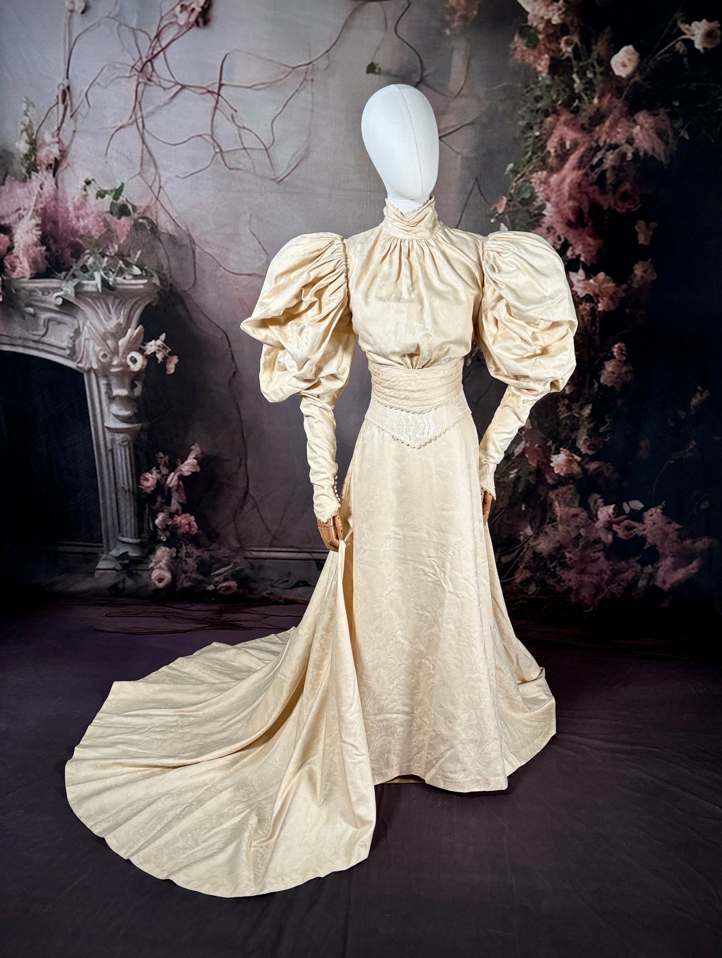 1970s "Victorian-Inspired" Wedding Dress Set W/Veil & Trailing Train