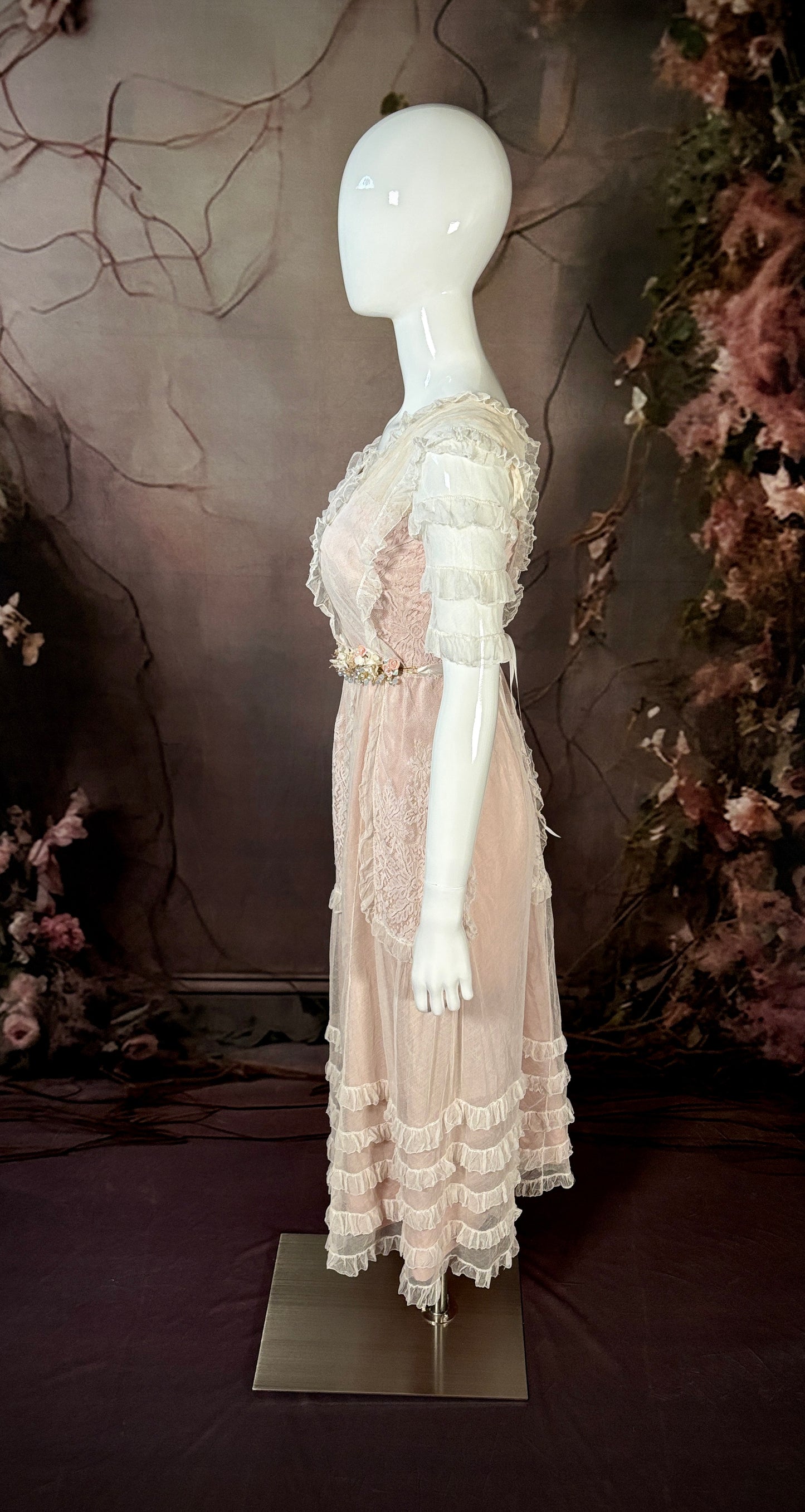 1910 Edwardian Silk Reception Dress in Blush Pink Satin W/Net Tiered Ruffles