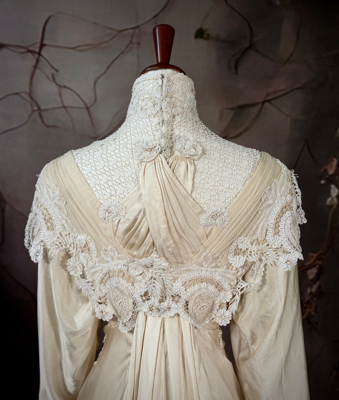 1908 China Silk & Lace Victorian Wedding Gown w/Trailing Train