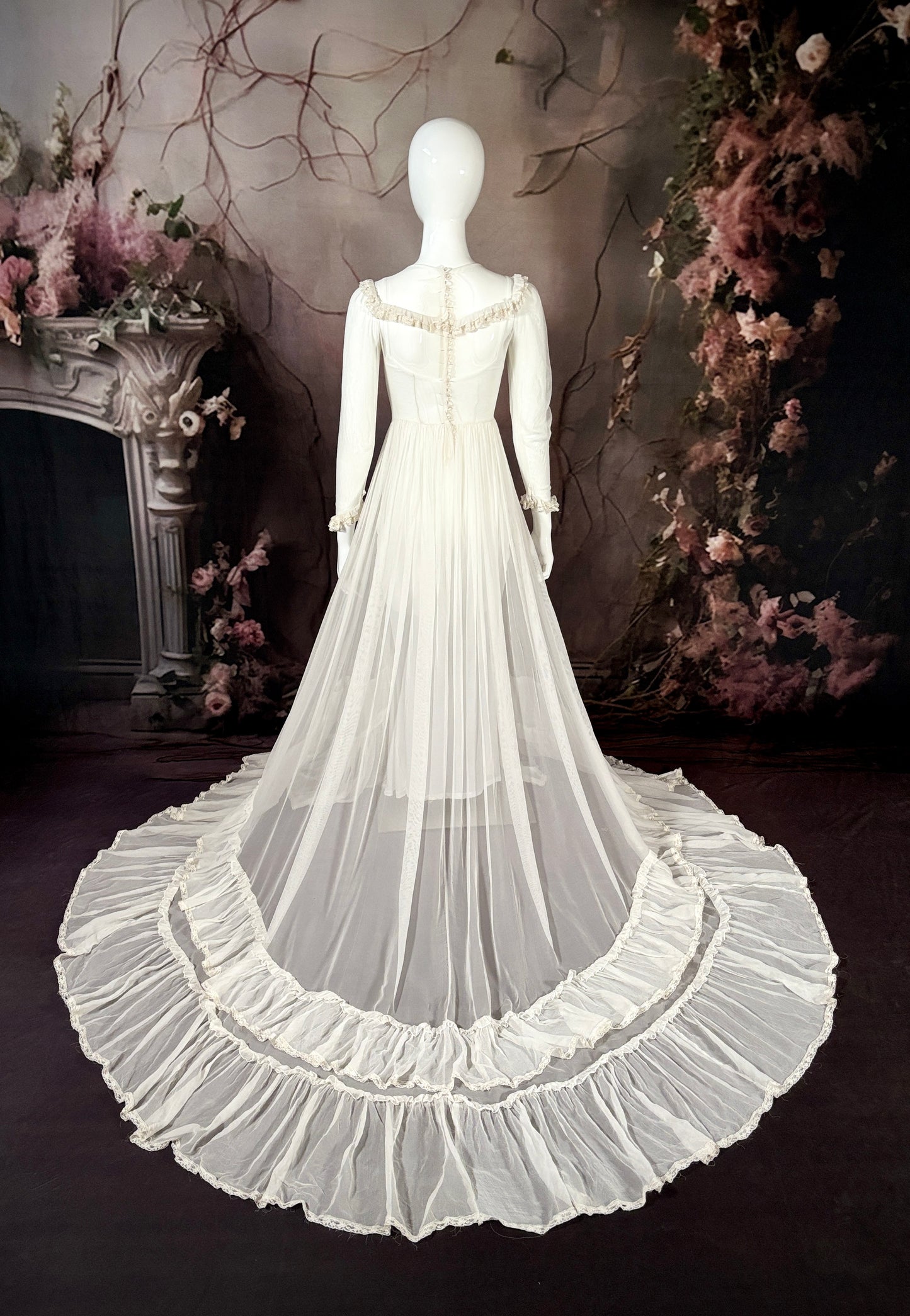 1940's Silk Georgette Sheer Wedding Dress W/Trailing Train