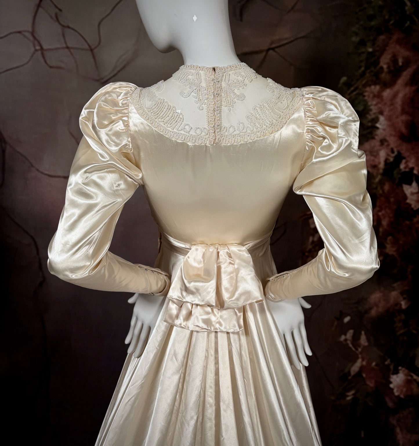 1930s Vionnet-Style, Beaded Candlelight Satin Wedding Dress w/Weighted Chapel Train