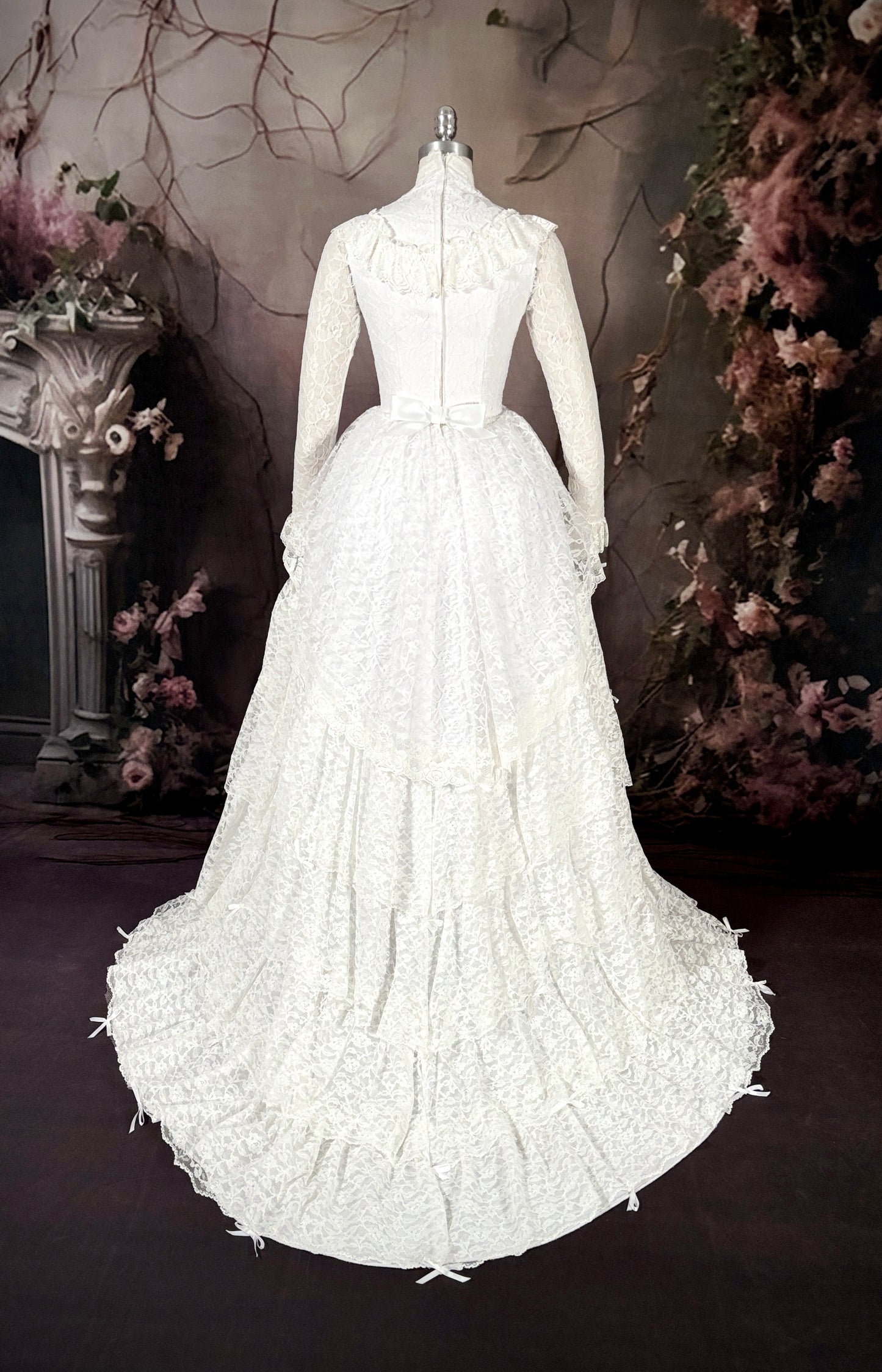 1970s Victorian Inspired Tiered Lace & Bows Dress W/Trailing Train