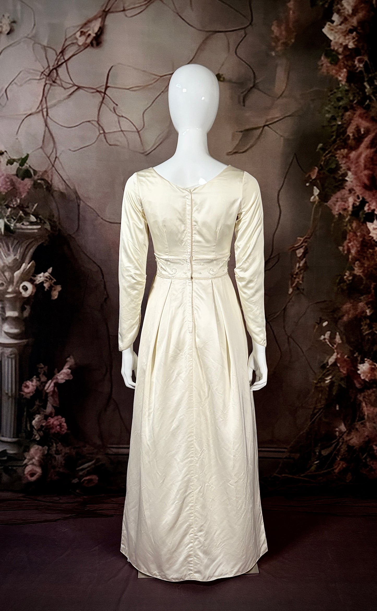 1960s Satin Beaded Sheath Wedding Dress w/Sweep Train