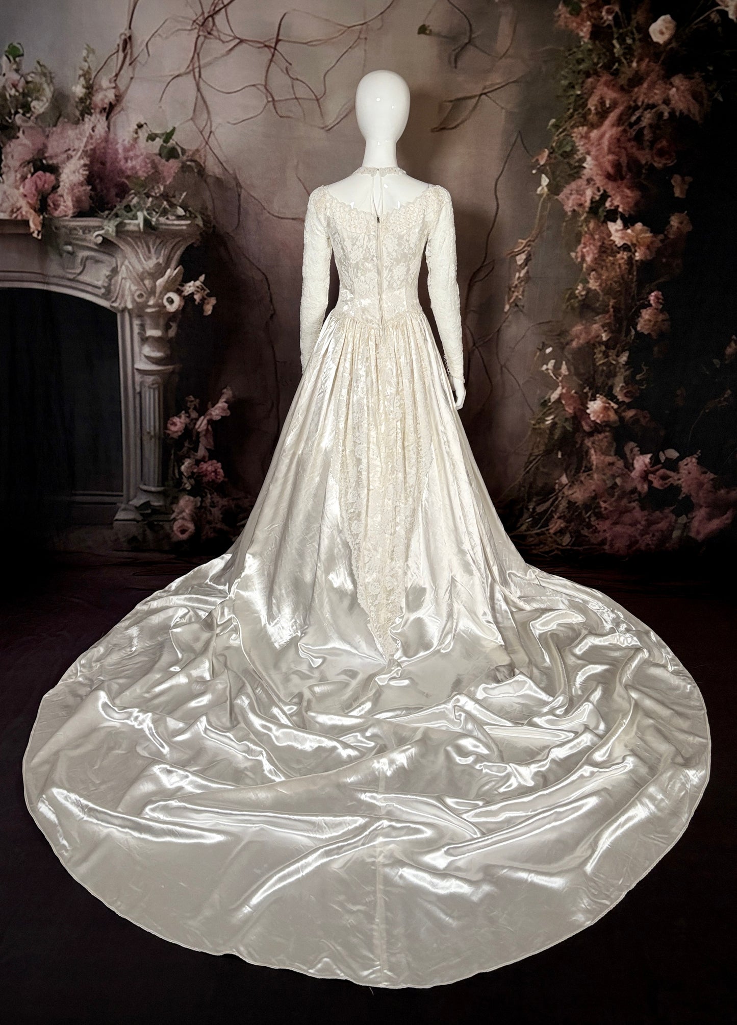 1940's Liquid Satin & Silk Lace Wedding Dress w/Chapel Train
