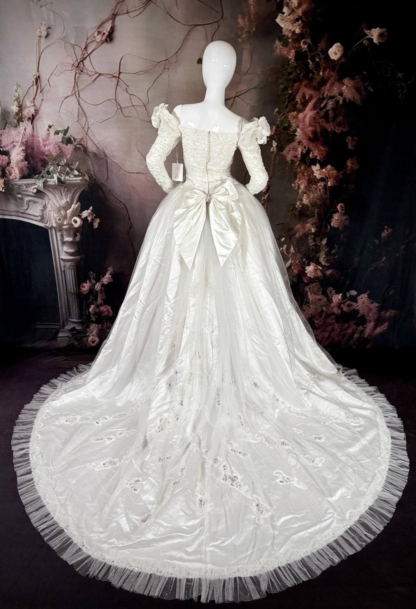 1980s Reimagined "Marie Antoinette" Satin & Glitter Tulle Wedding Dress w/Chapel Train