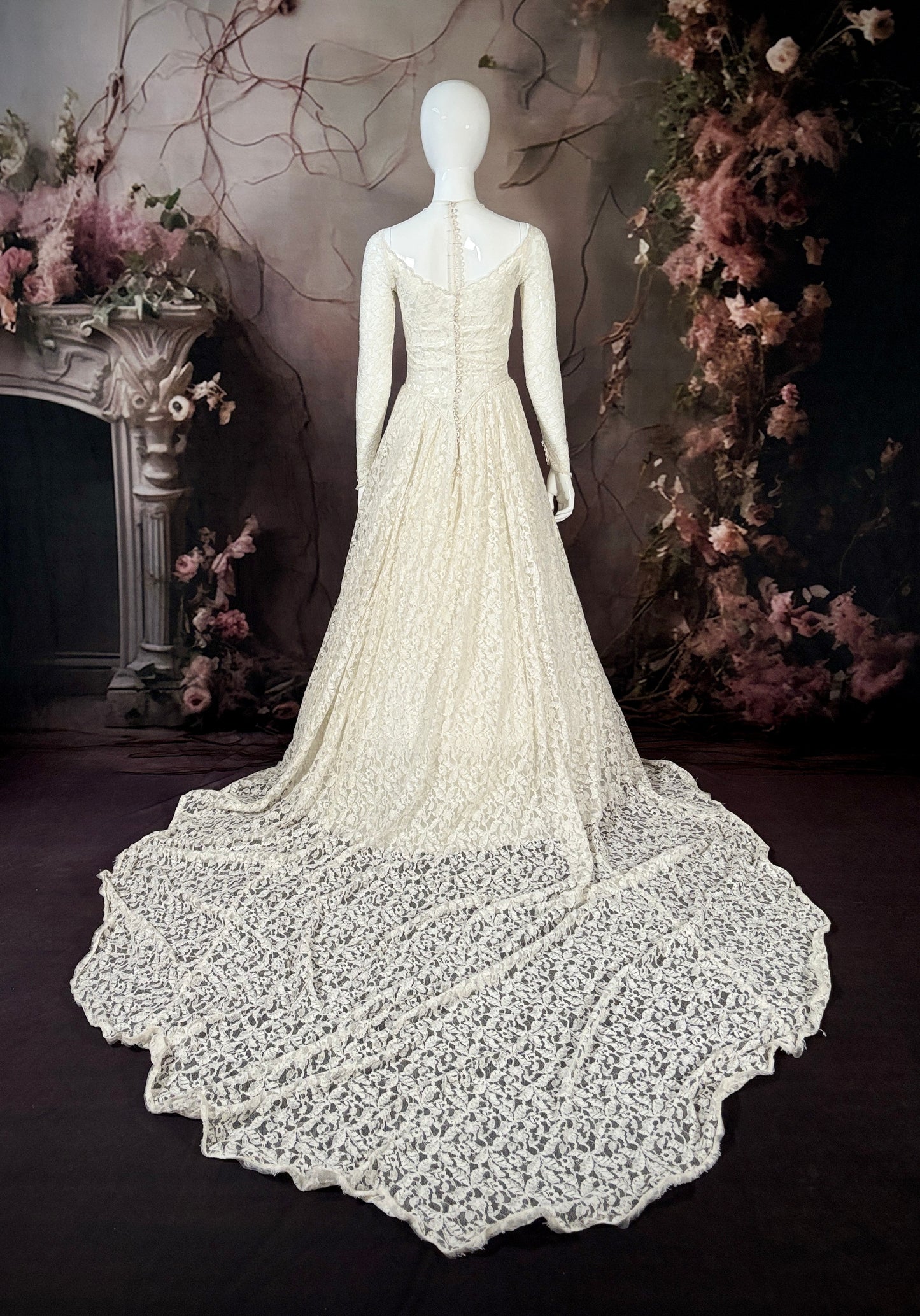 1950s Needlepoint Lace & Liquid Satin Wedding Dress w/Chapel Train