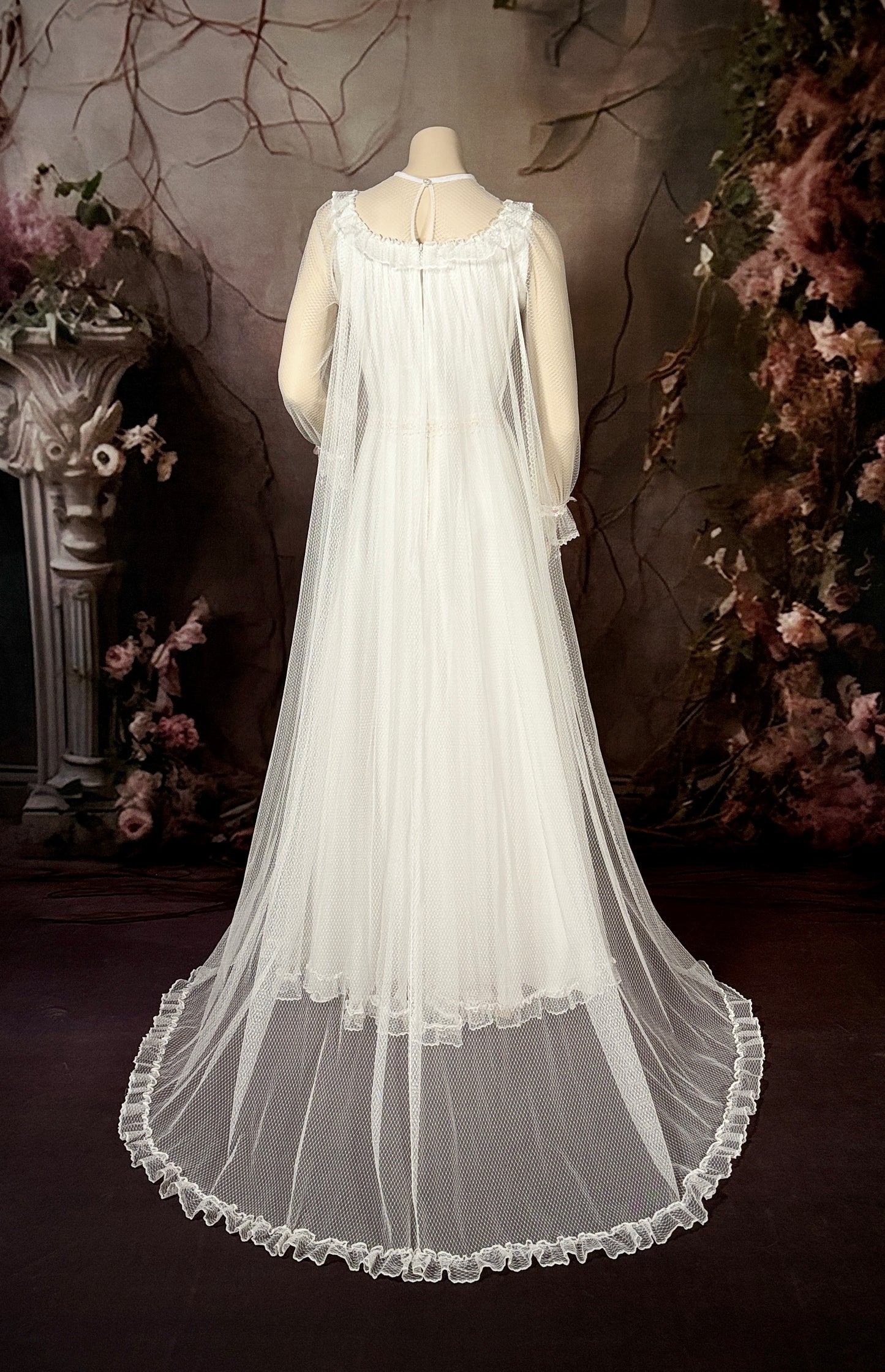 1960's Nylon Dotted Tulle/Crêpe de Chine Wedding Dress w/Princess Cape & Pink Silk Ribbon