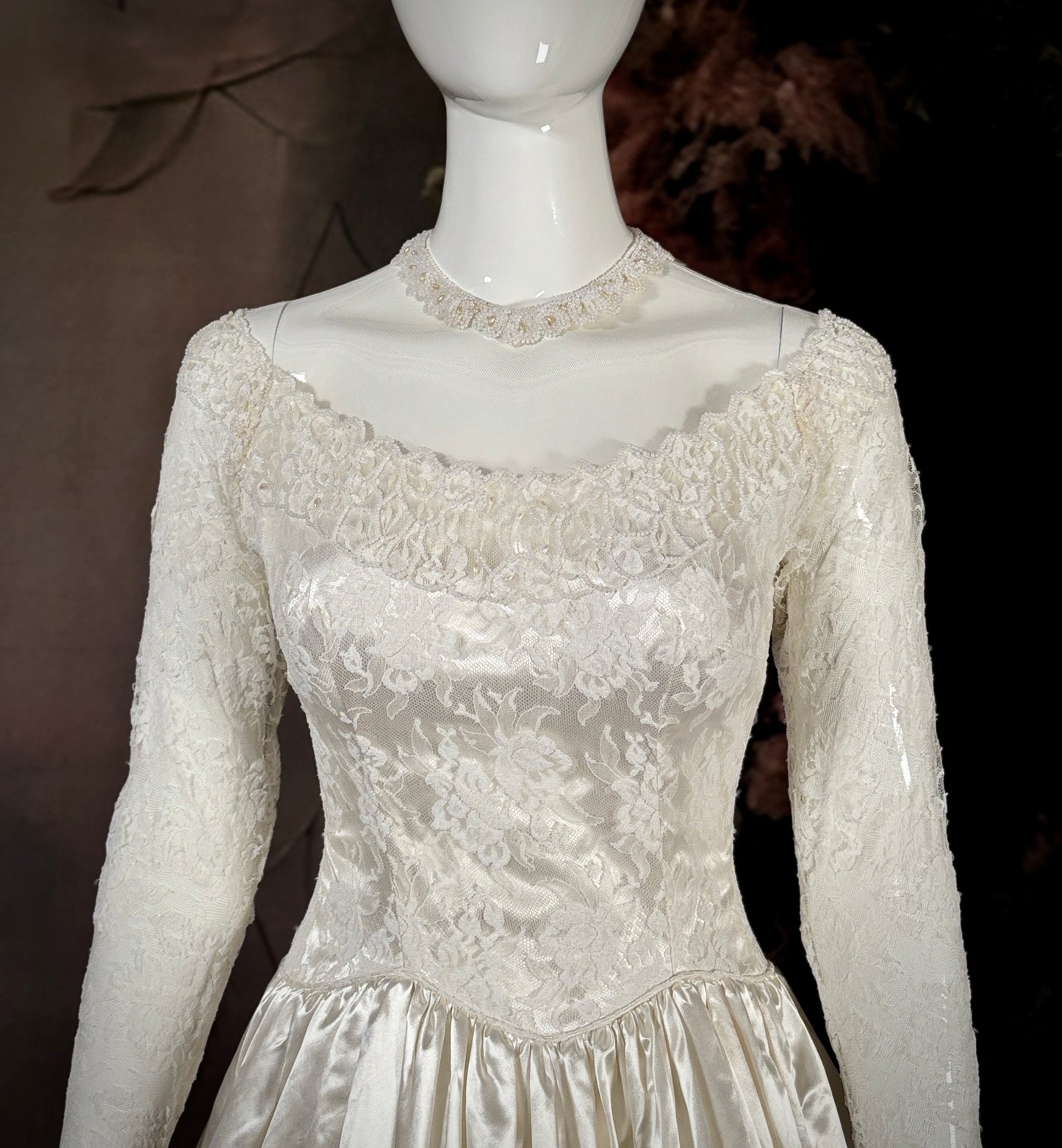 1940's Liquid Satin & Silk Lace Wedding Dress w/Chapel Train