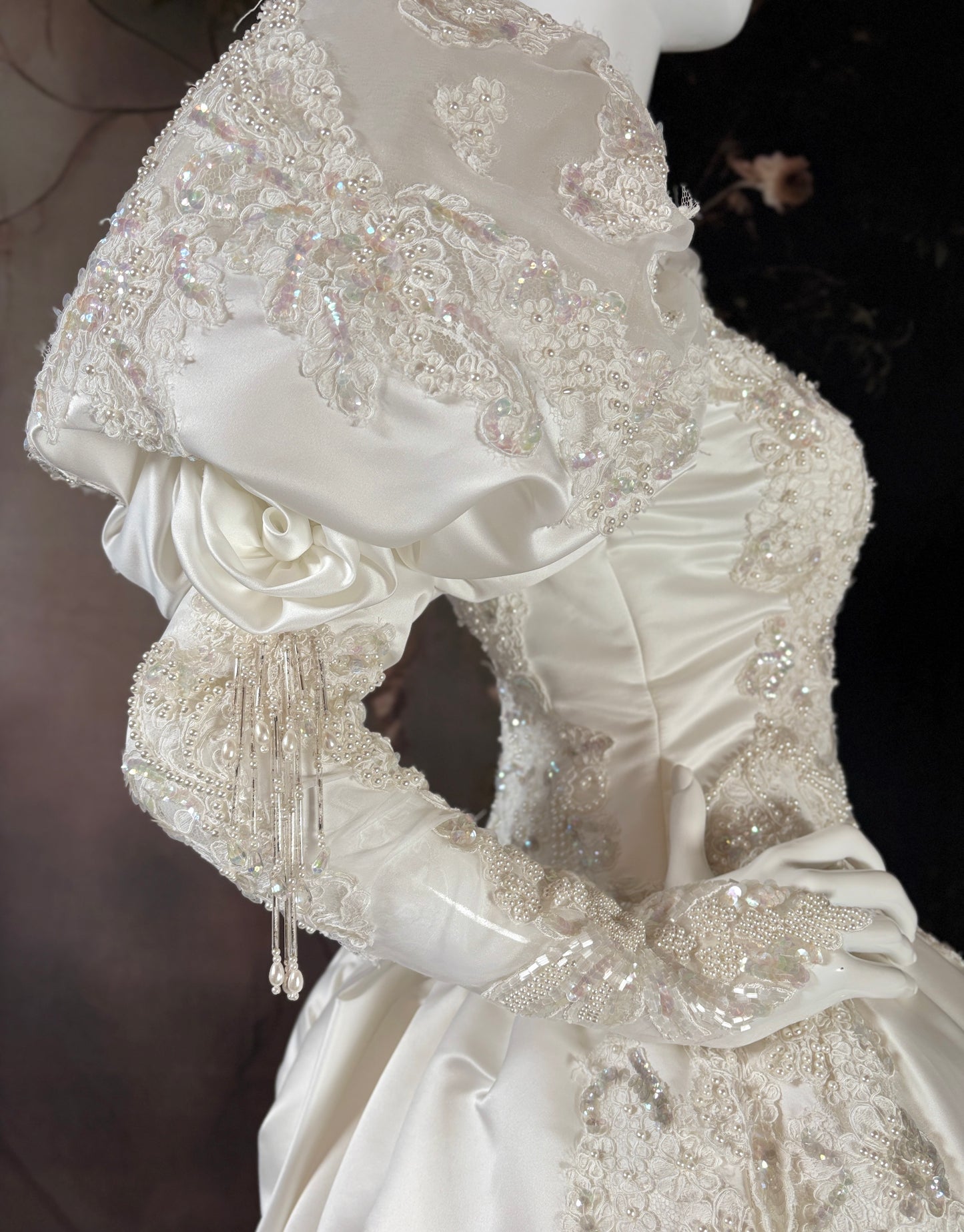 1980s Duchess Satin Wedding Dress w/Juliet Puff Sleeves & Chapel Train