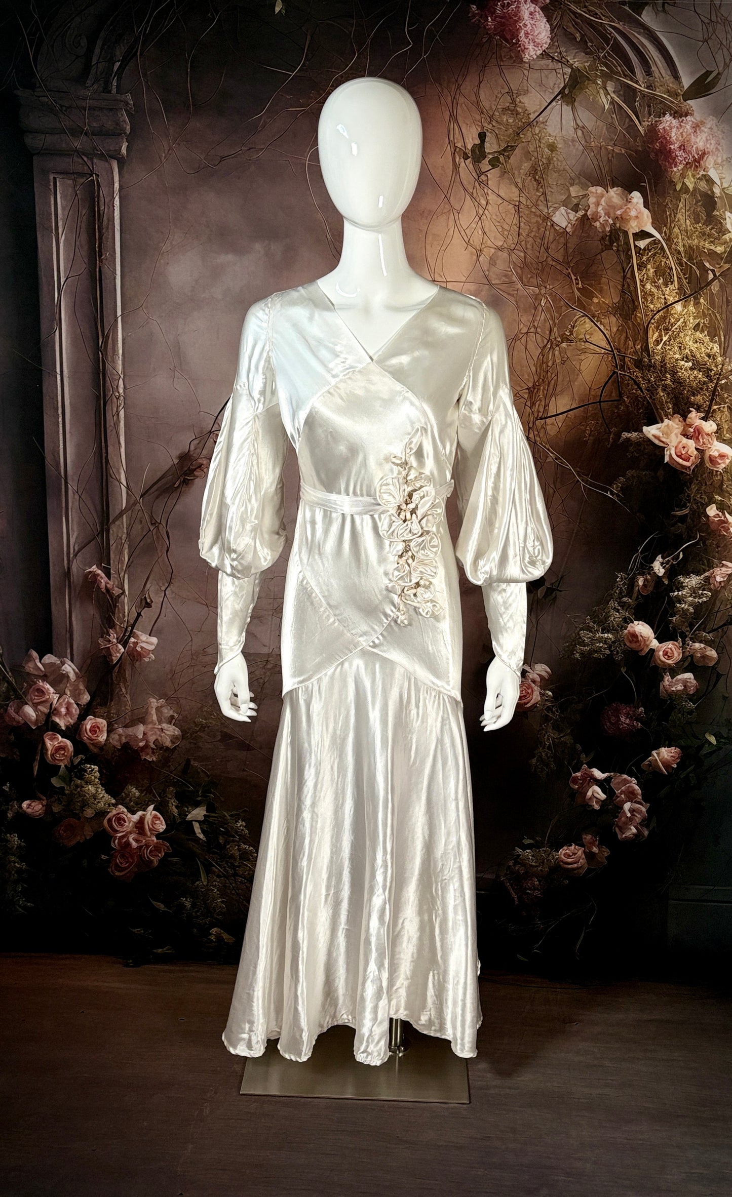 1930's Candlelight Satin Bias Cut Wedding Dress w/Bishop Sleeves