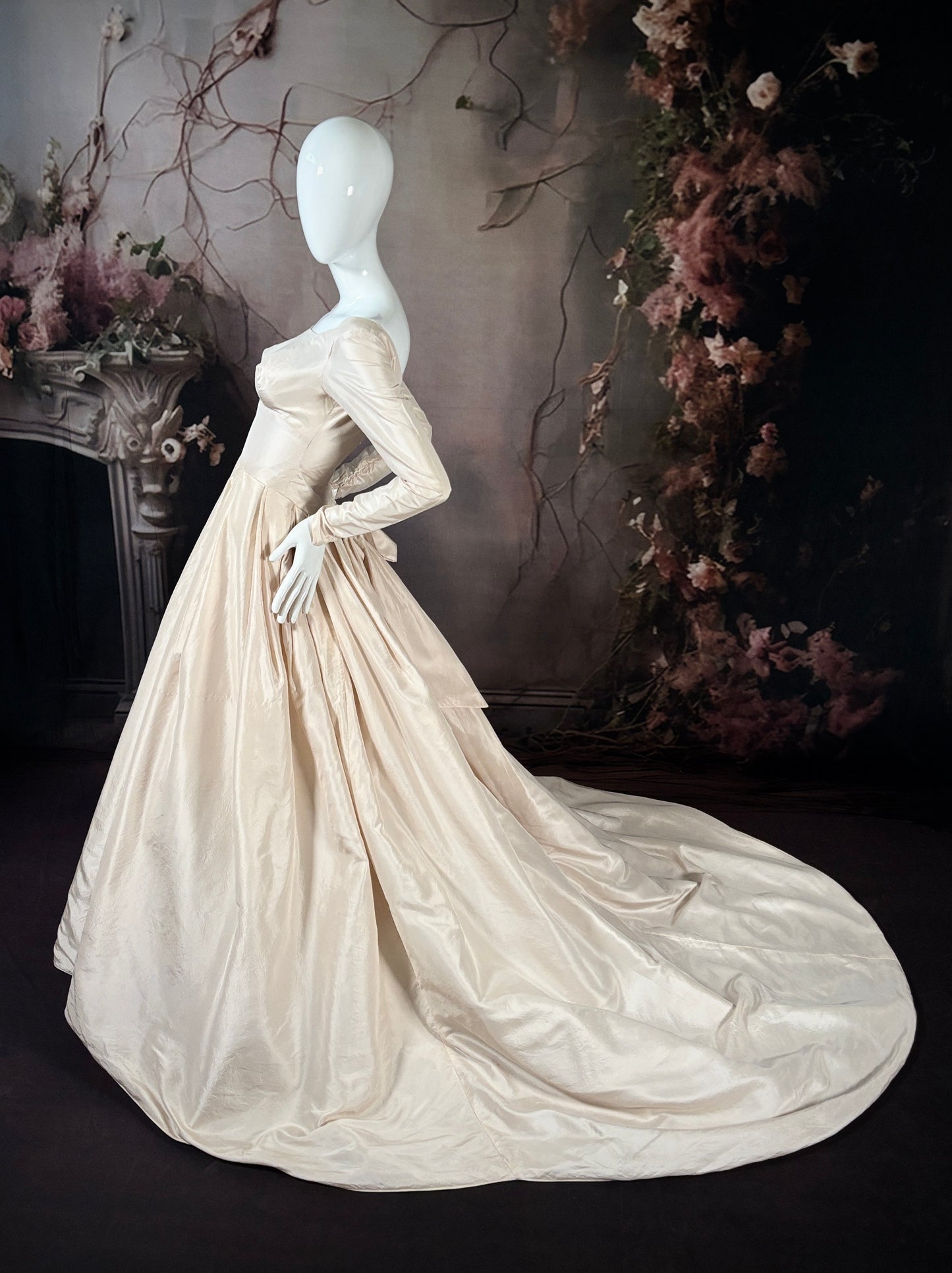 1950s Dior-Style Silk Taffeta Wedding Dress w/Trailing Train