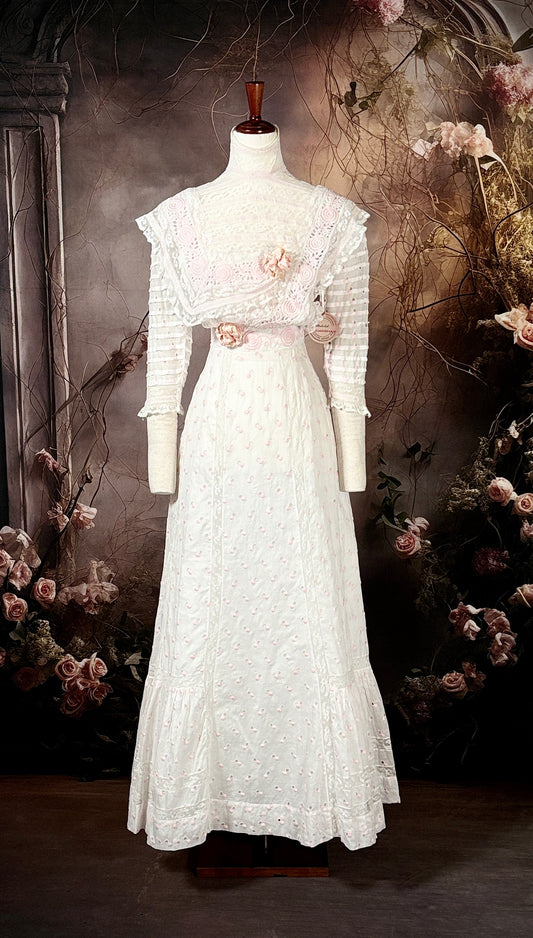 1904 Cotton Batiste & Pink Silk Afternoon Dress "Museum Deaccession"