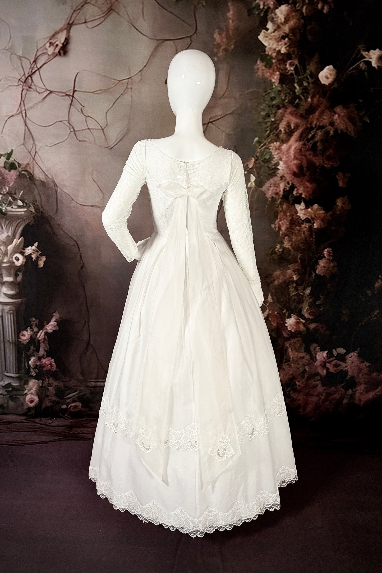 1960s Organza & Flat Lace Wedding Dress W/Trailing Watteau Train