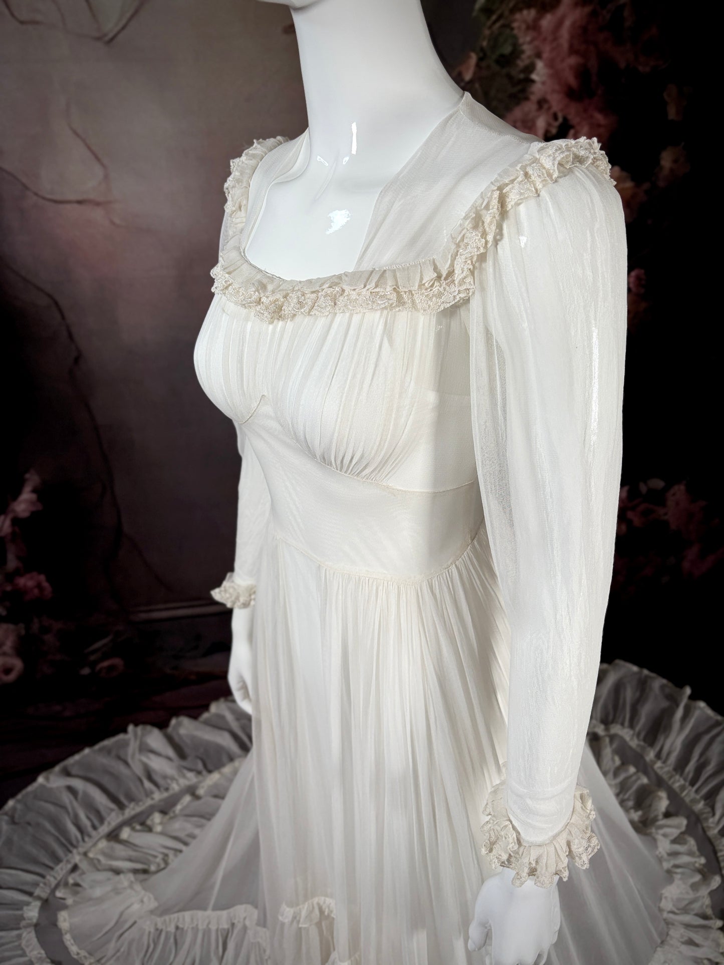 1940's Silk Georgette Sheer Wedding Dress W/Trailing Train