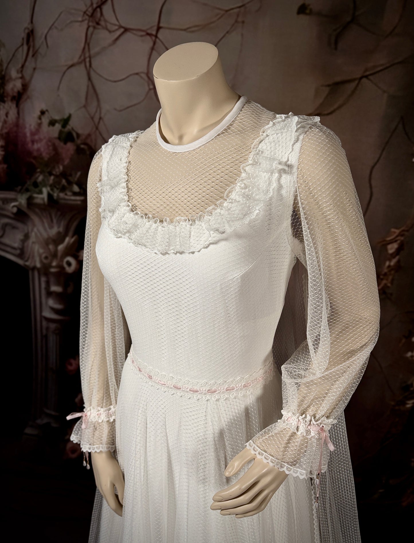 1960's Nylon Dotted Tulle/Crêpe de Chine Wedding Dress w/Princess Cape & Pink Silk Ribbon