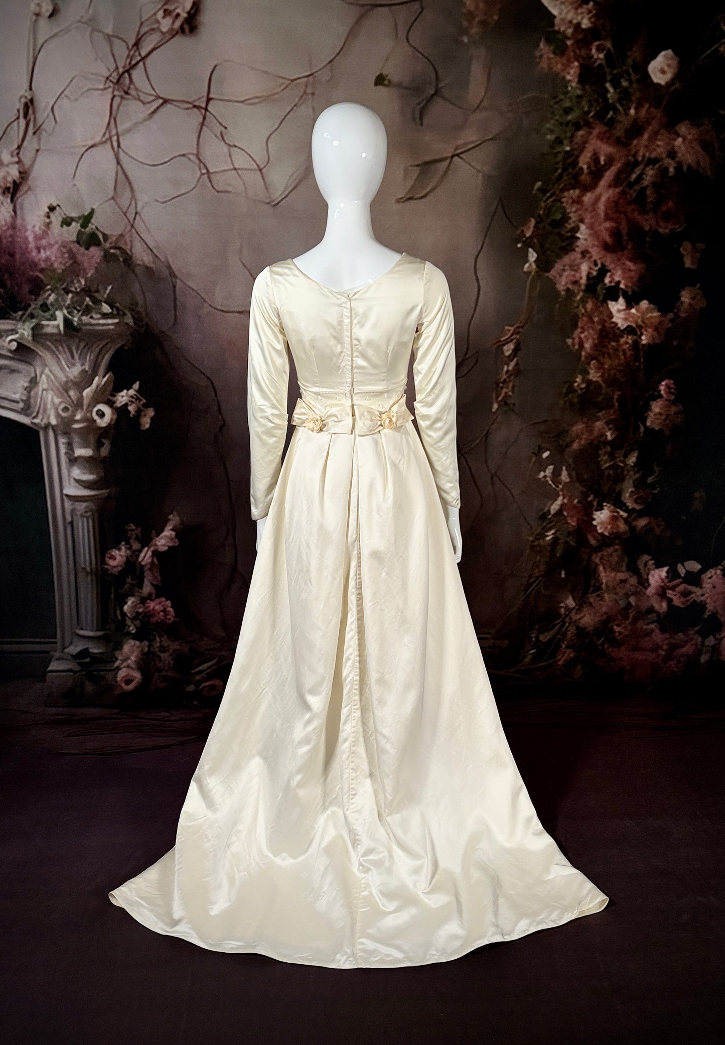 1960s Satin Beaded Sheath Wedding Dress w/Sweep Train