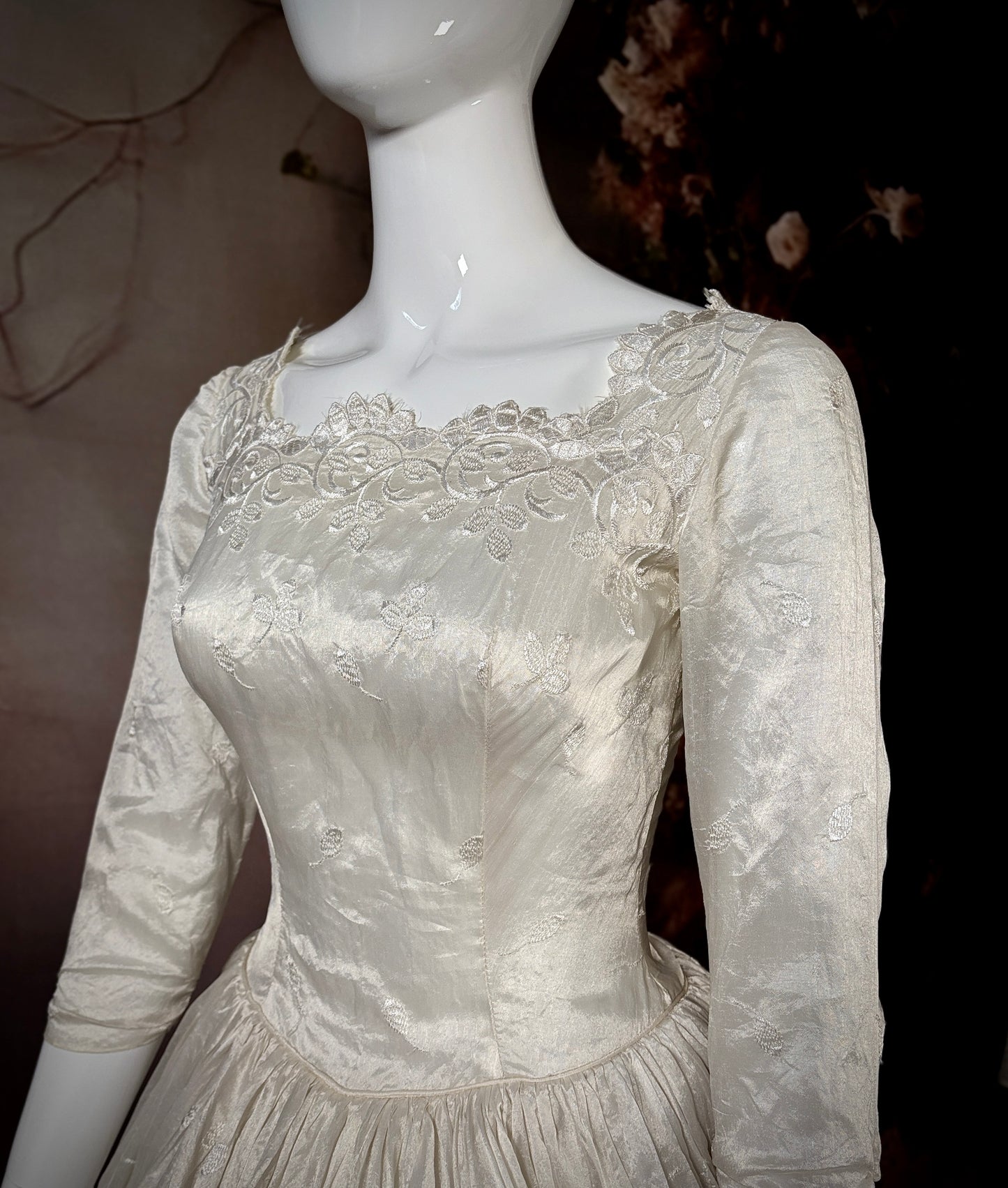 1950's Silk Moiré Embroidered Wedding Dress w/Tiered Sweeping Train