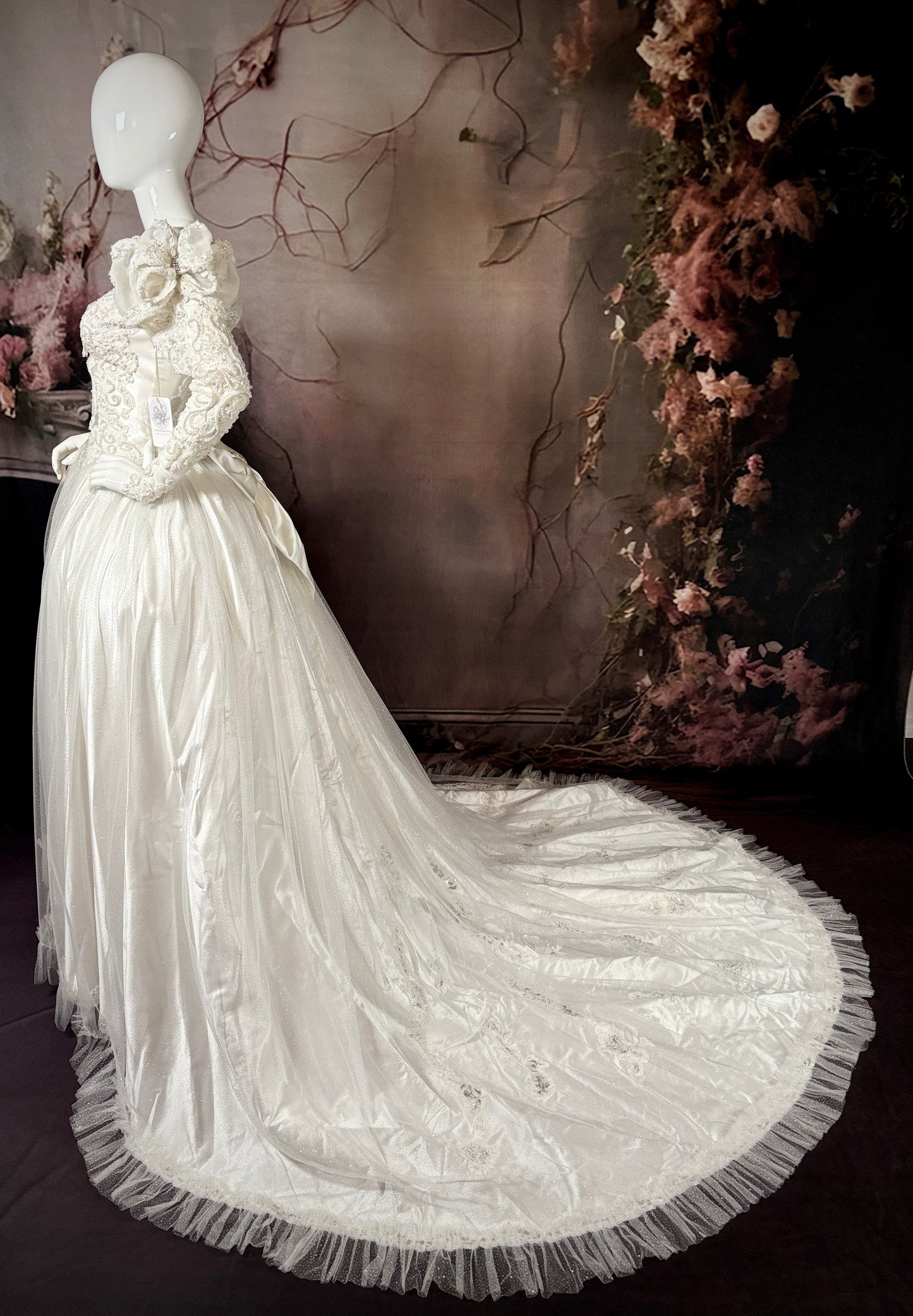 1980s Reimagined "Marie Antoinette" Satin & Glitter Tulle Wedding Dress w/Chapel Train