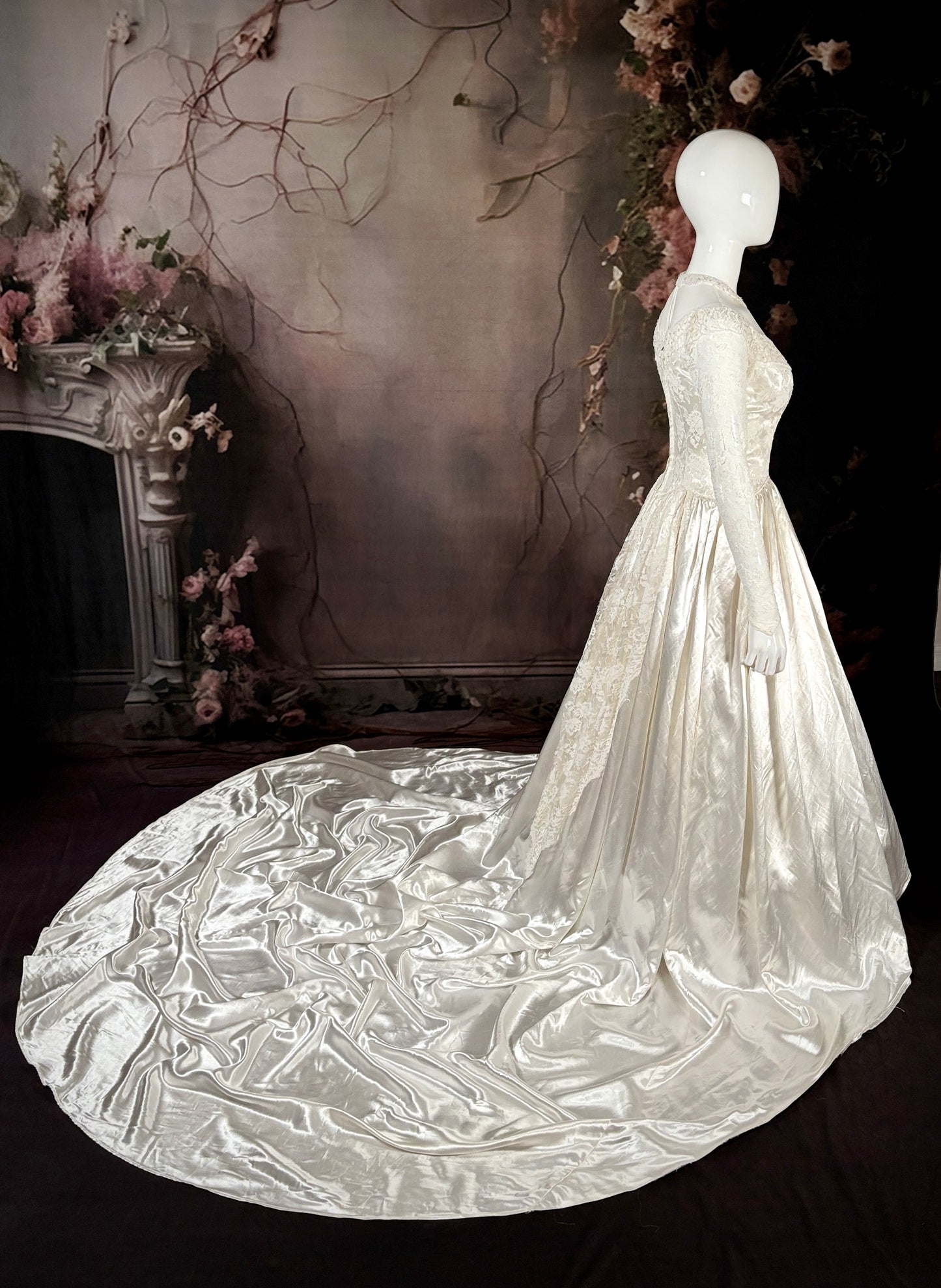 1940's Liquid Satin & Silk Lace Wedding Dress w/Chapel Train