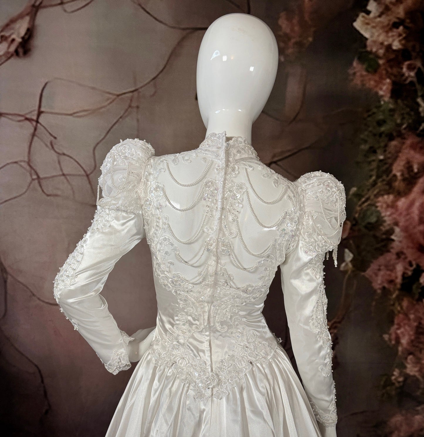 1980's Satin Wedding Dress w/Beaded Puff Sleeves & Chapel Train