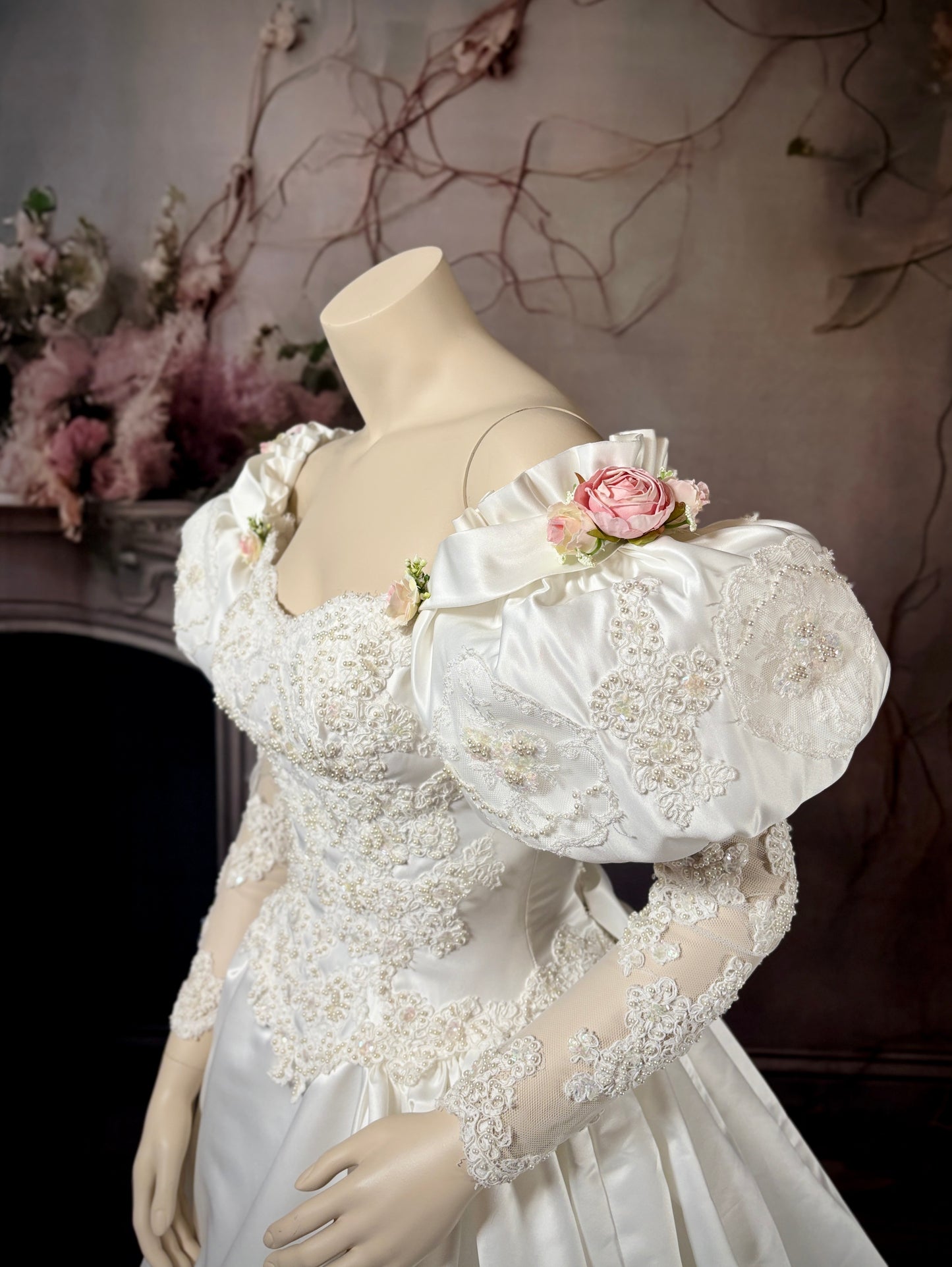 1980's Rose Princess Satin & Lace Wedding Dress w/Juliet Puff Sleeves & Chapel Train
