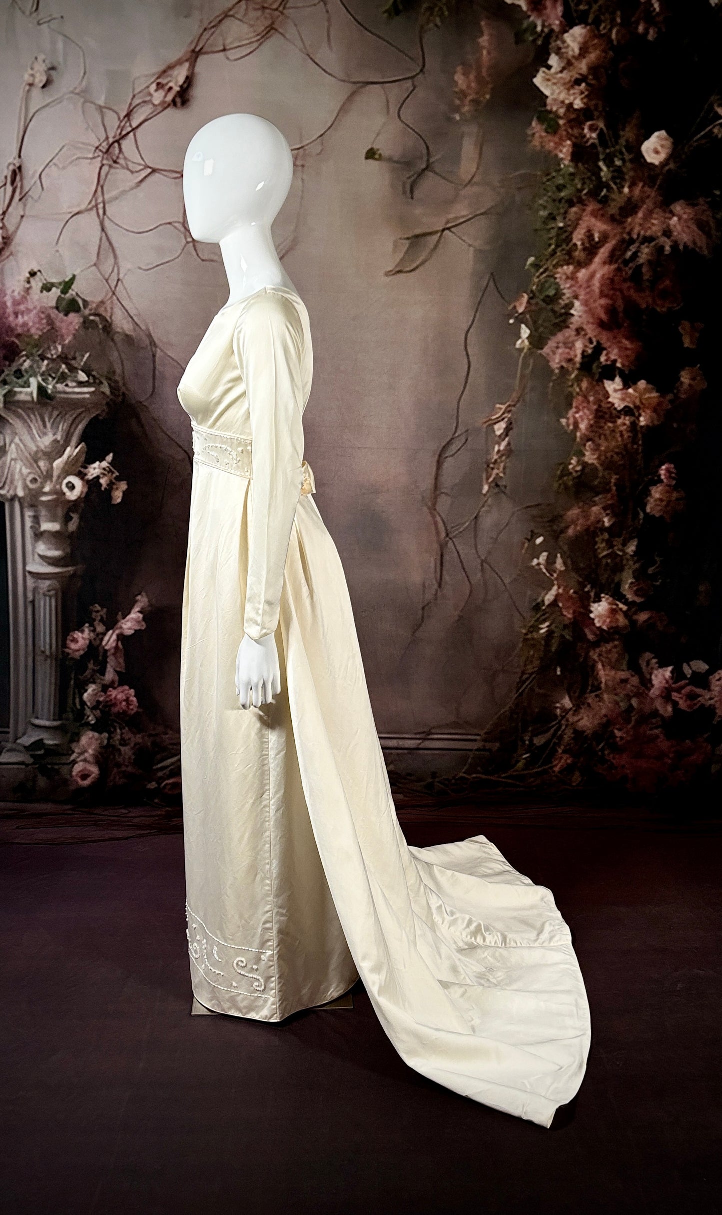 1960s Satin Beaded Sheath Wedding Dress w/Sweep Train