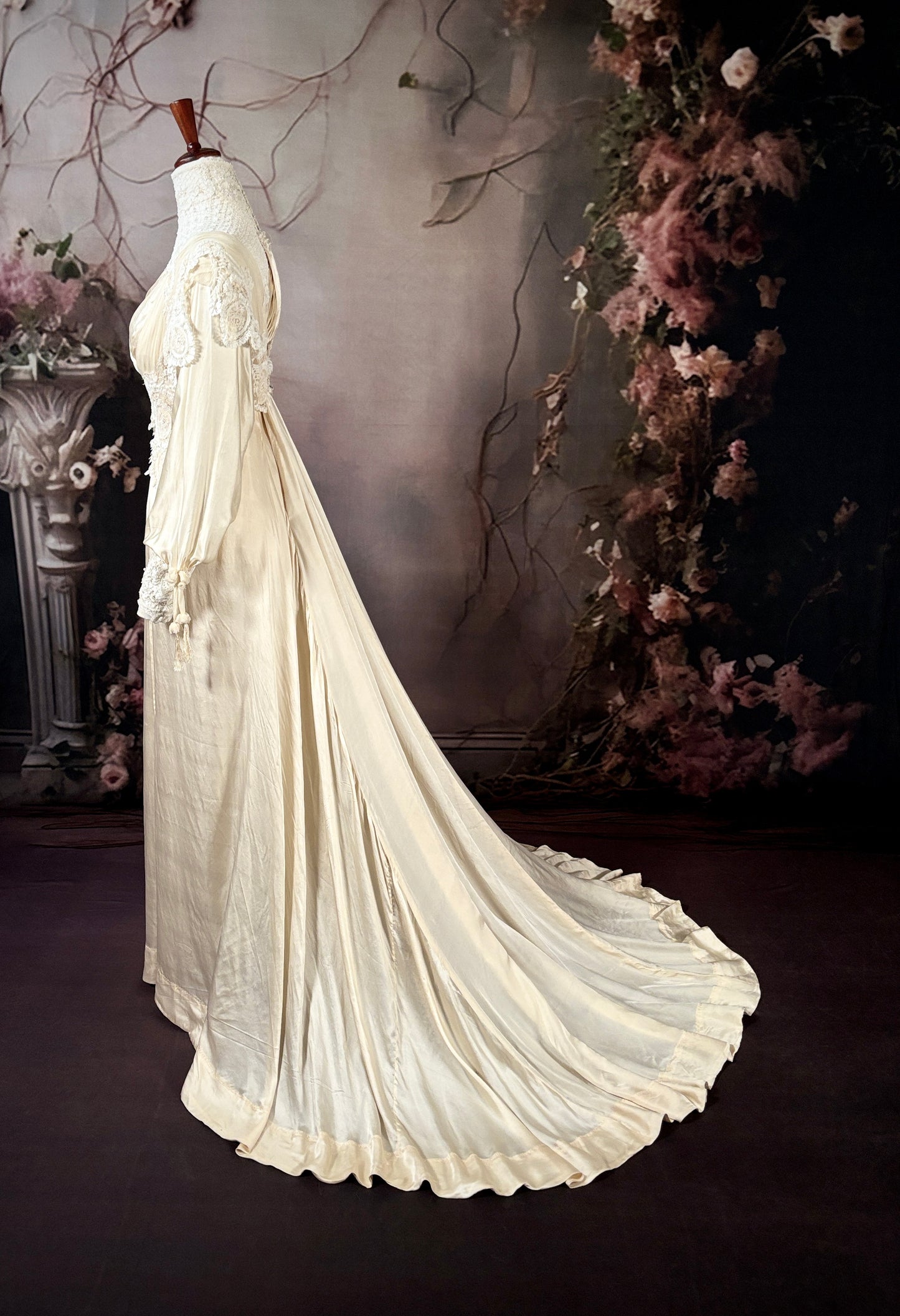 1908 China Silk & Lace Victorian Wedding Gown w/Trailing Train