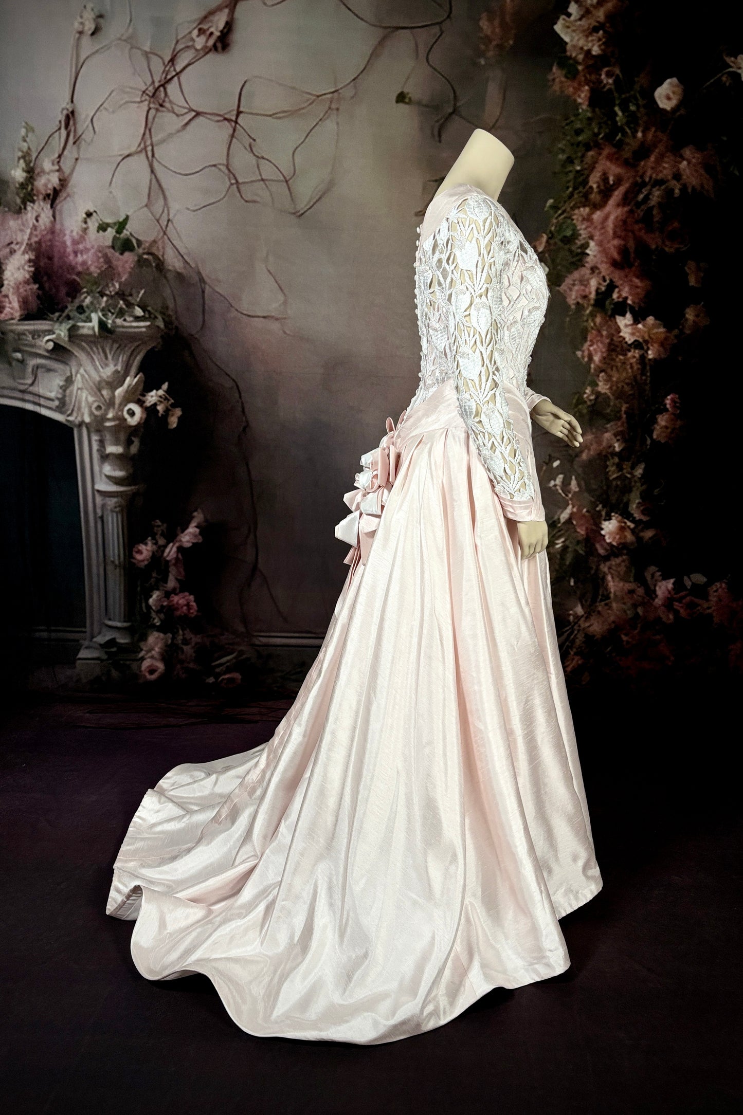 1998 Shantung & Beaded Venice Lace Wedding Dress in Blush Pink w/Sweeping Train