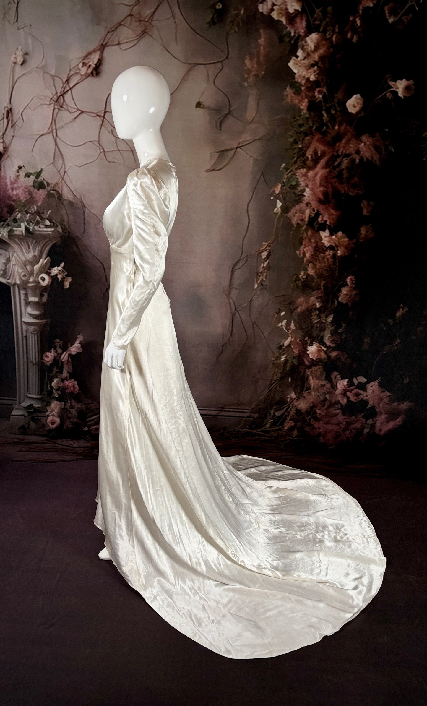 1930s Bias-Cut Candlelight Satin Wedding Dress w/Trailing Train