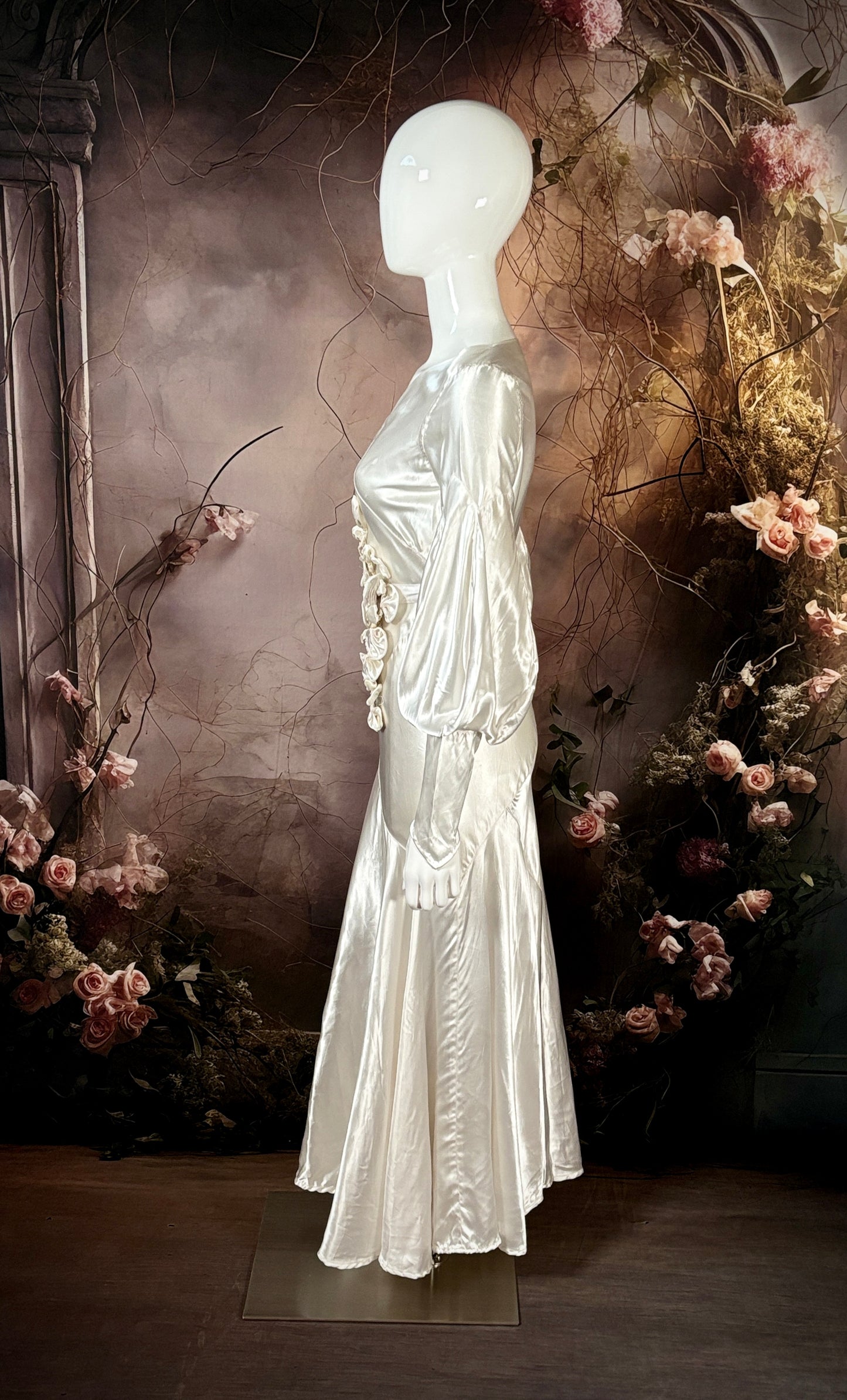 1930's Candlelight Satin Bias Cut Wedding Dress w/Bishop Sleeves