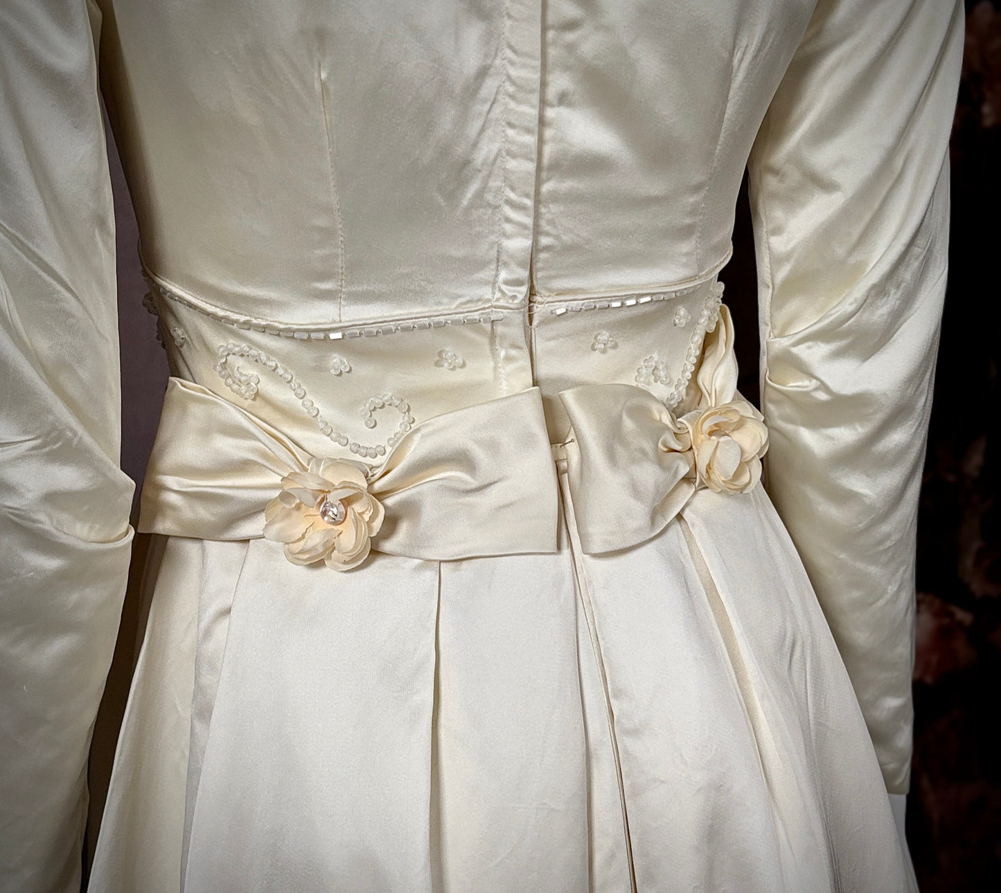 1960s Satin Beaded Sheath Wedding Dress w/Sweep Train