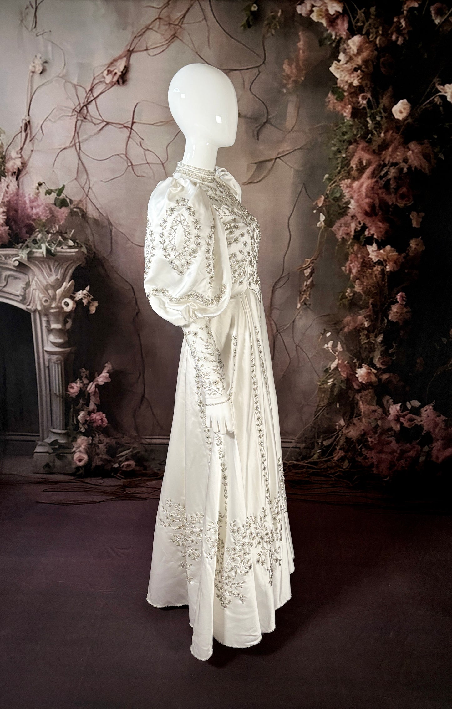 1980s Crystal Beaded Satin Wedding Dress W/Bishop Sleeves