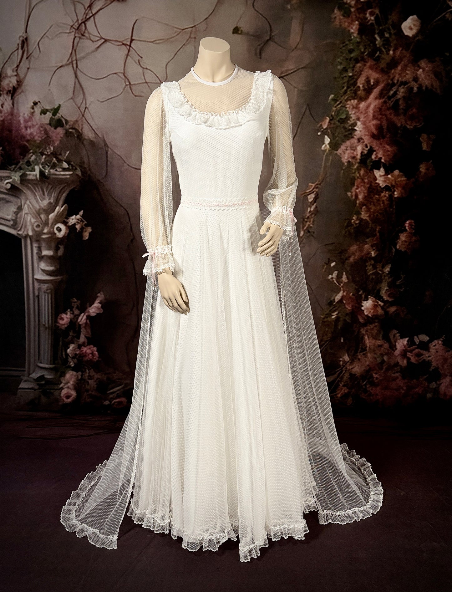 1960's Nylon Dotted Tulle/Crêpe de Chine Wedding Dress w/Princess Cape & Pink Silk Ribbon