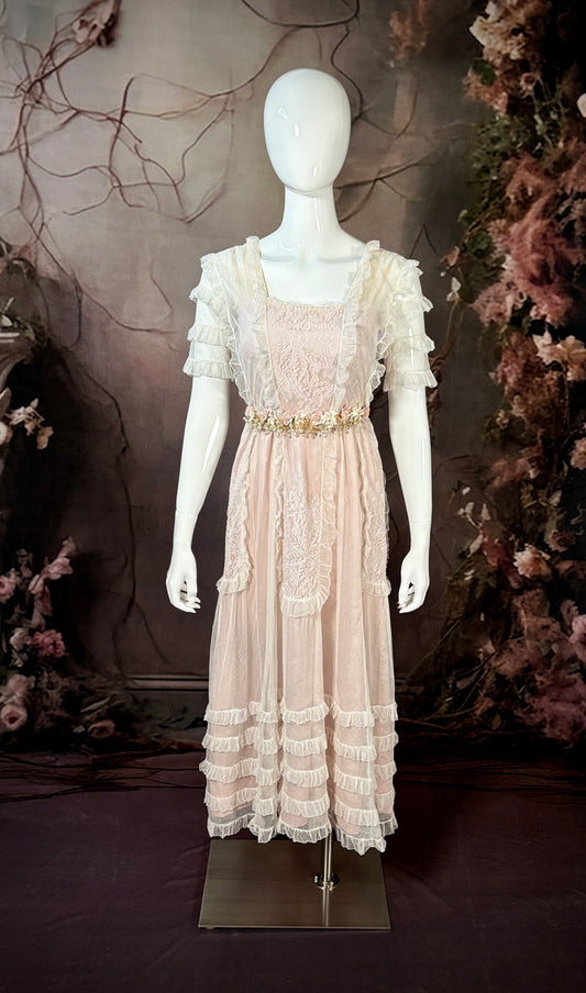 1910 Edwardian Silk Reception Dress in Blush Pink Satin W/Net Tiered Ruffles