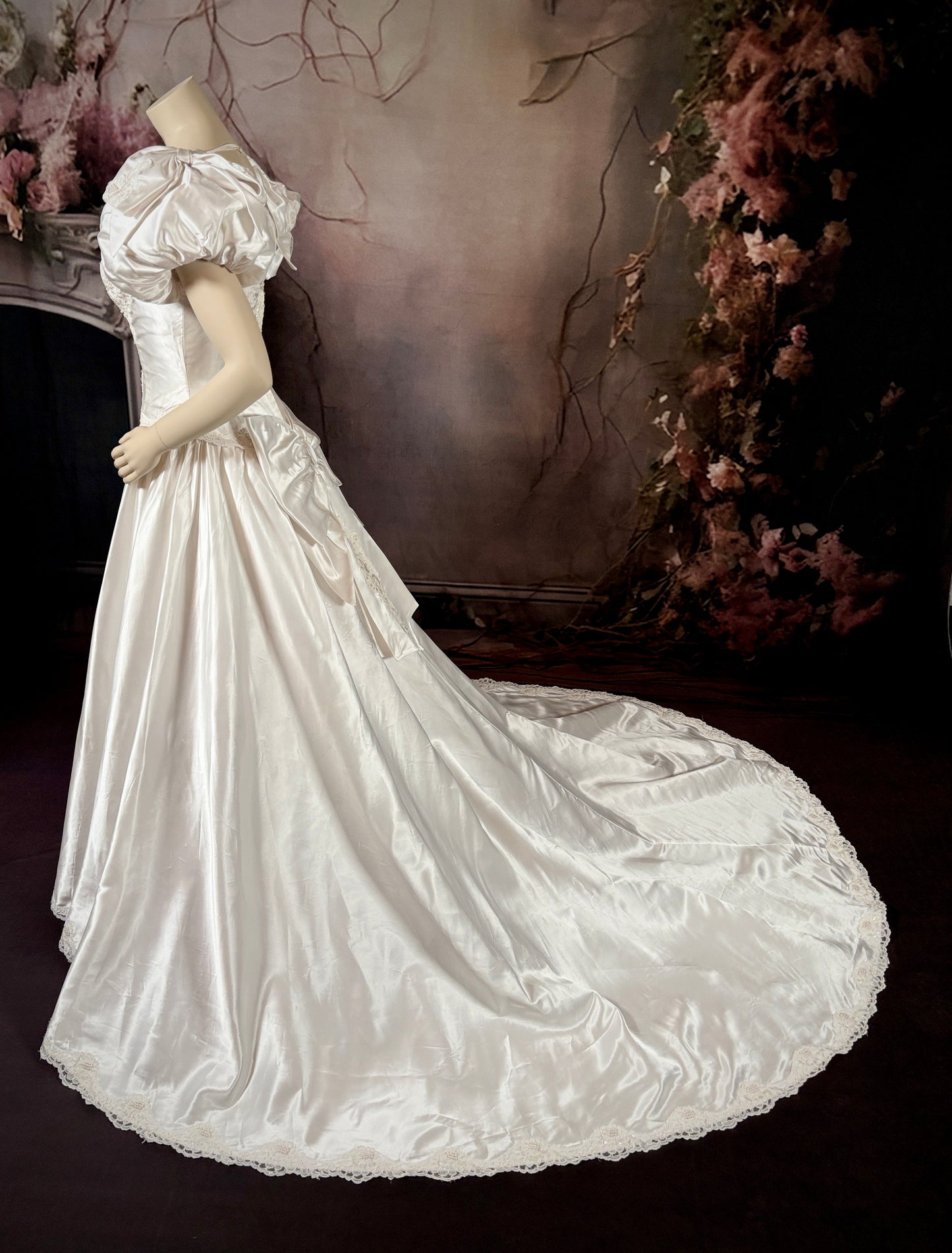 1980's Satin Wedding Dress w/Sweetheart Neckline, Melon Sleeves & Trailing Train