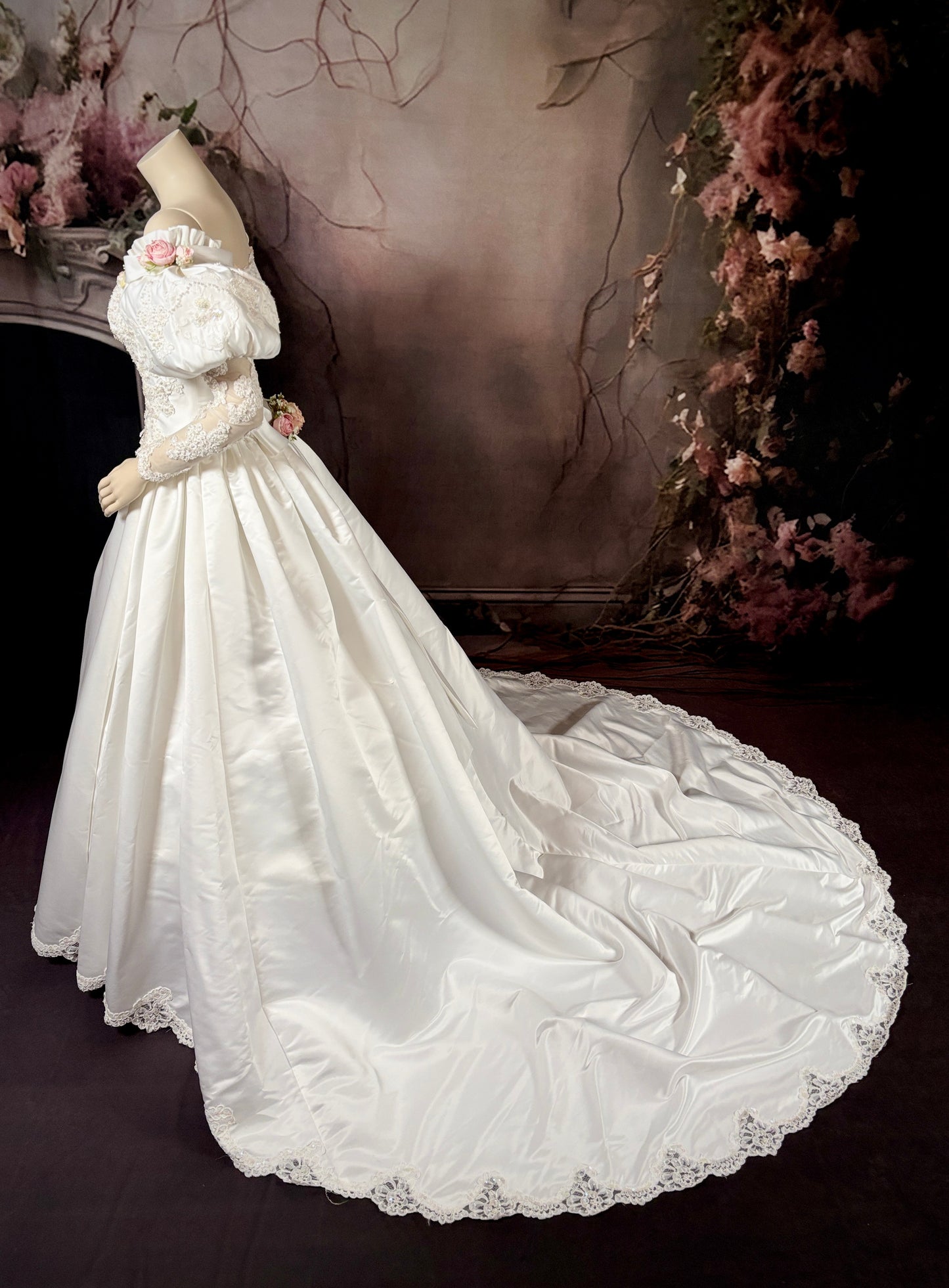 1980's Rose Princess Satin & Lace Wedding Dress w/Juliet Puff Sleeves & Chapel Train