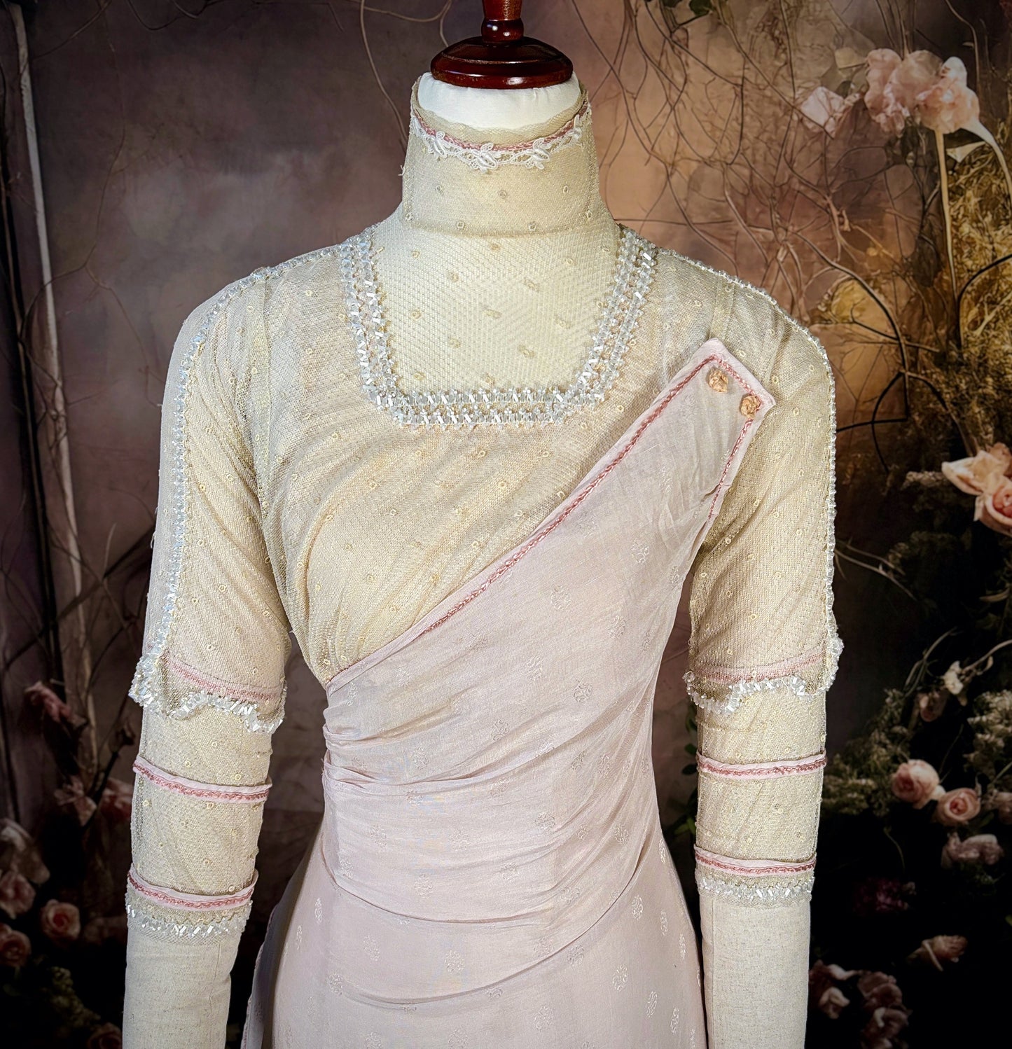 1905 Edwardian Pink Watteau-Kimono Beaded, Silk-Brocade Tea Gown