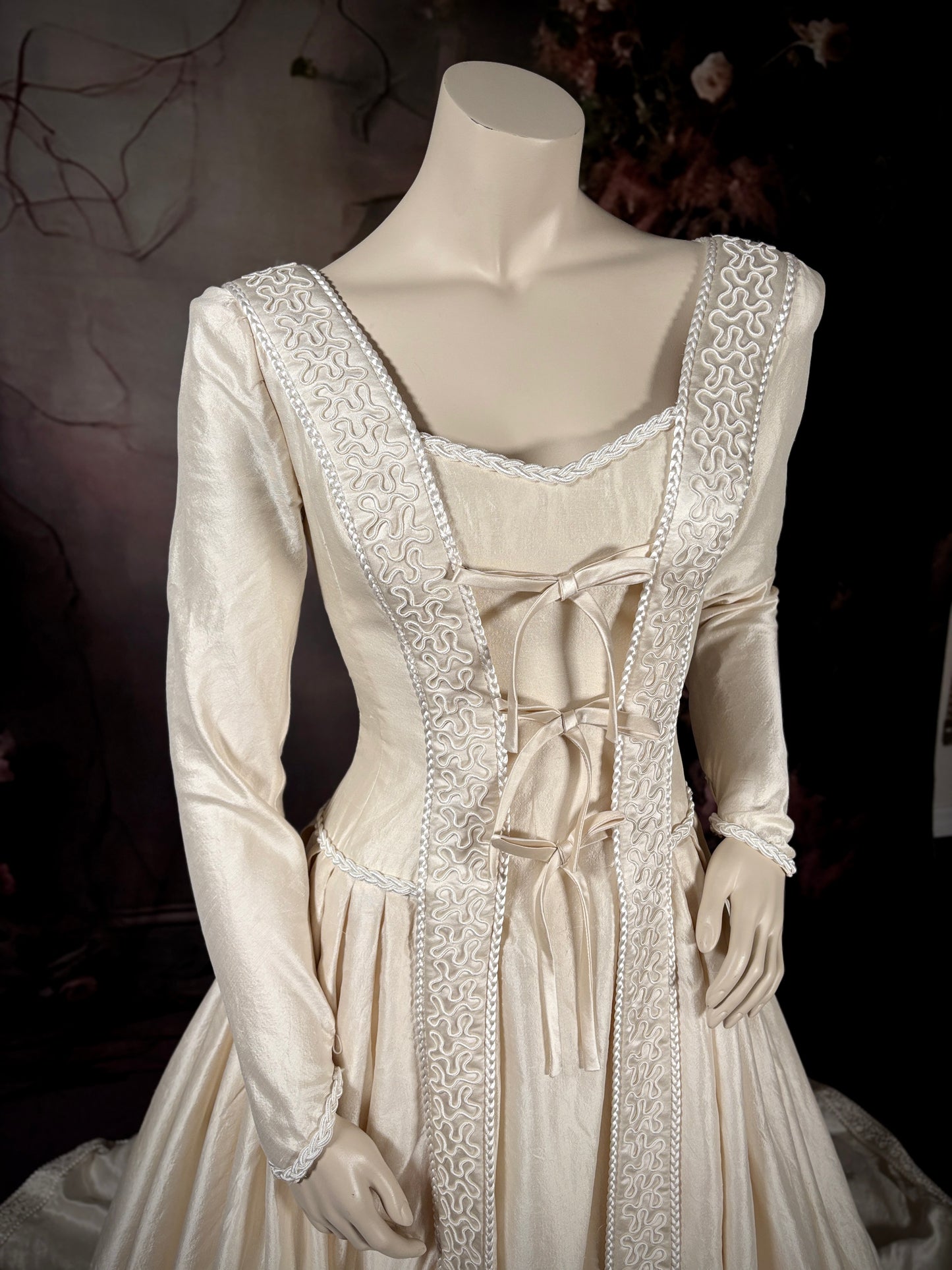 1990s Renaissance Inspired Silk Mikado Wedding Dress w/Trailing Train