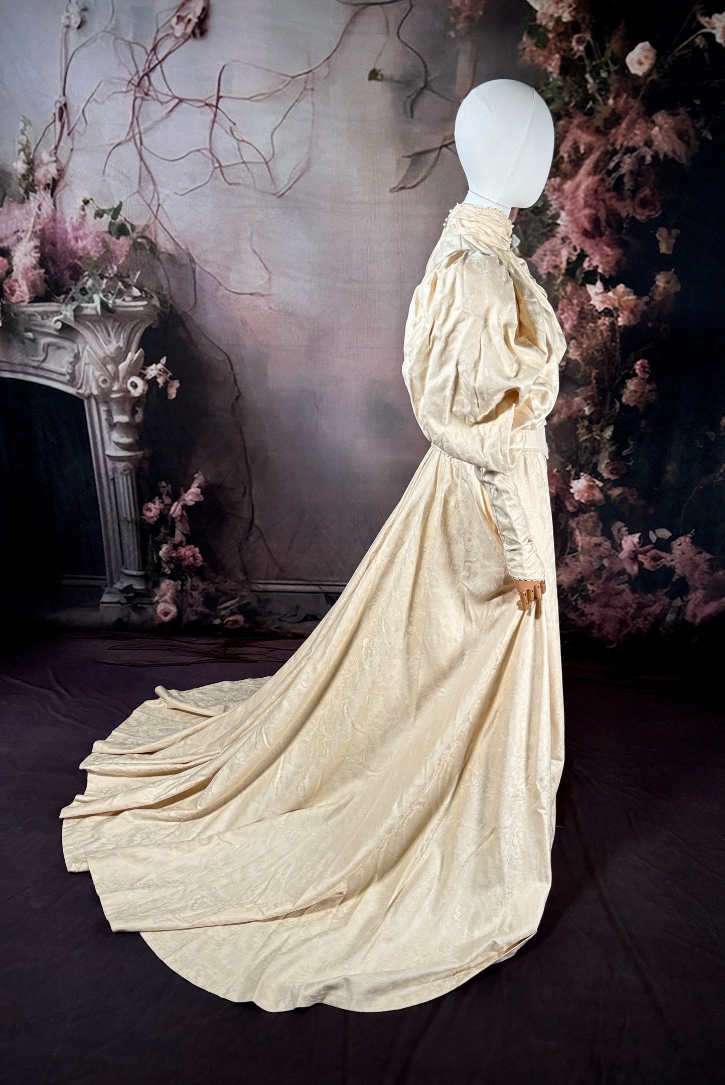 1970s "Victorian-Inspired" Wedding Dress Set W/Veil & Trailing Train