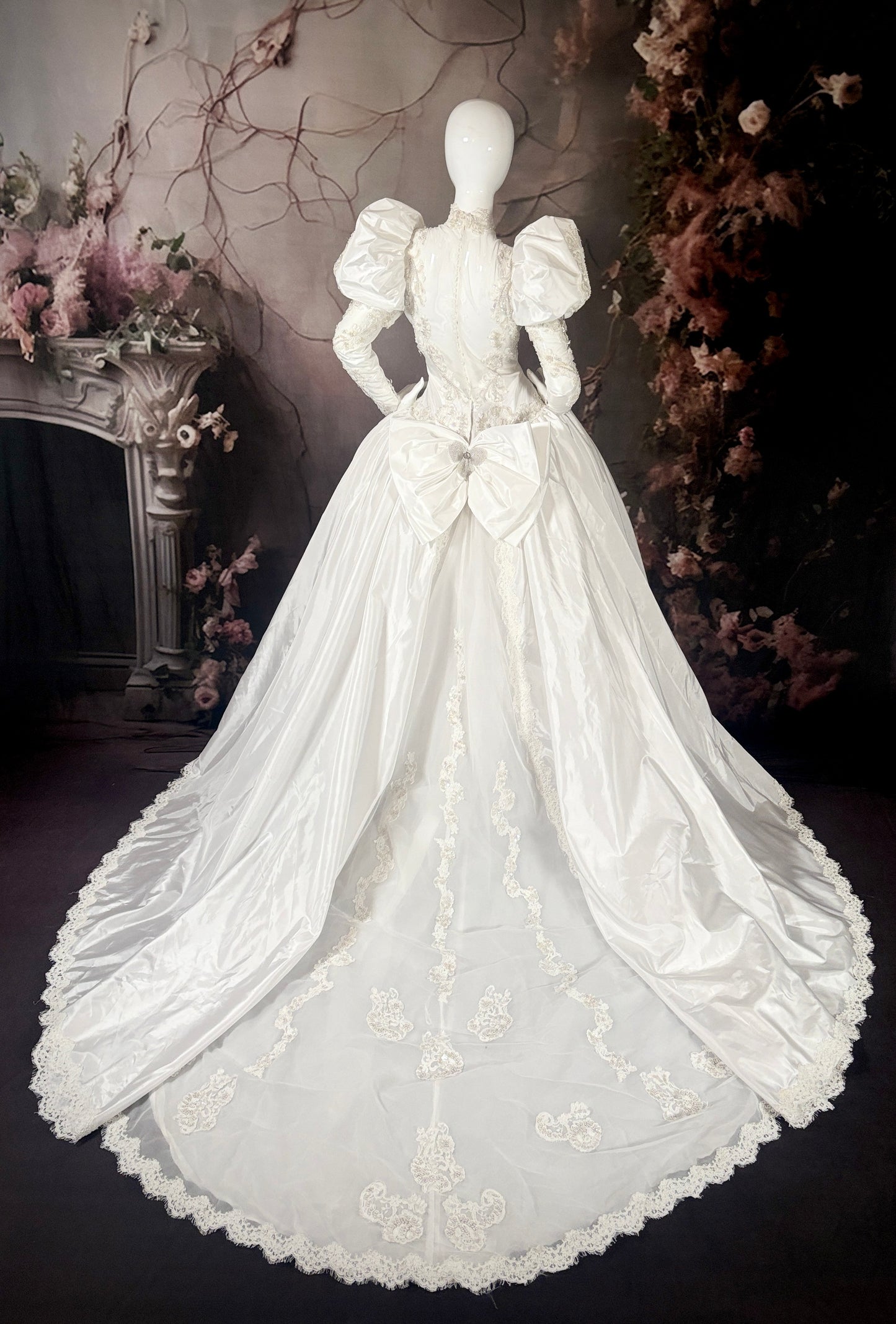 1980's Duchess Satin Wedding Dress, w/Juliet Puff Sleeves & Trailing Train