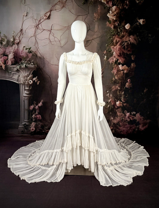 1940's Silk Georgette Sheer Wedding Dress W/Trailing Train