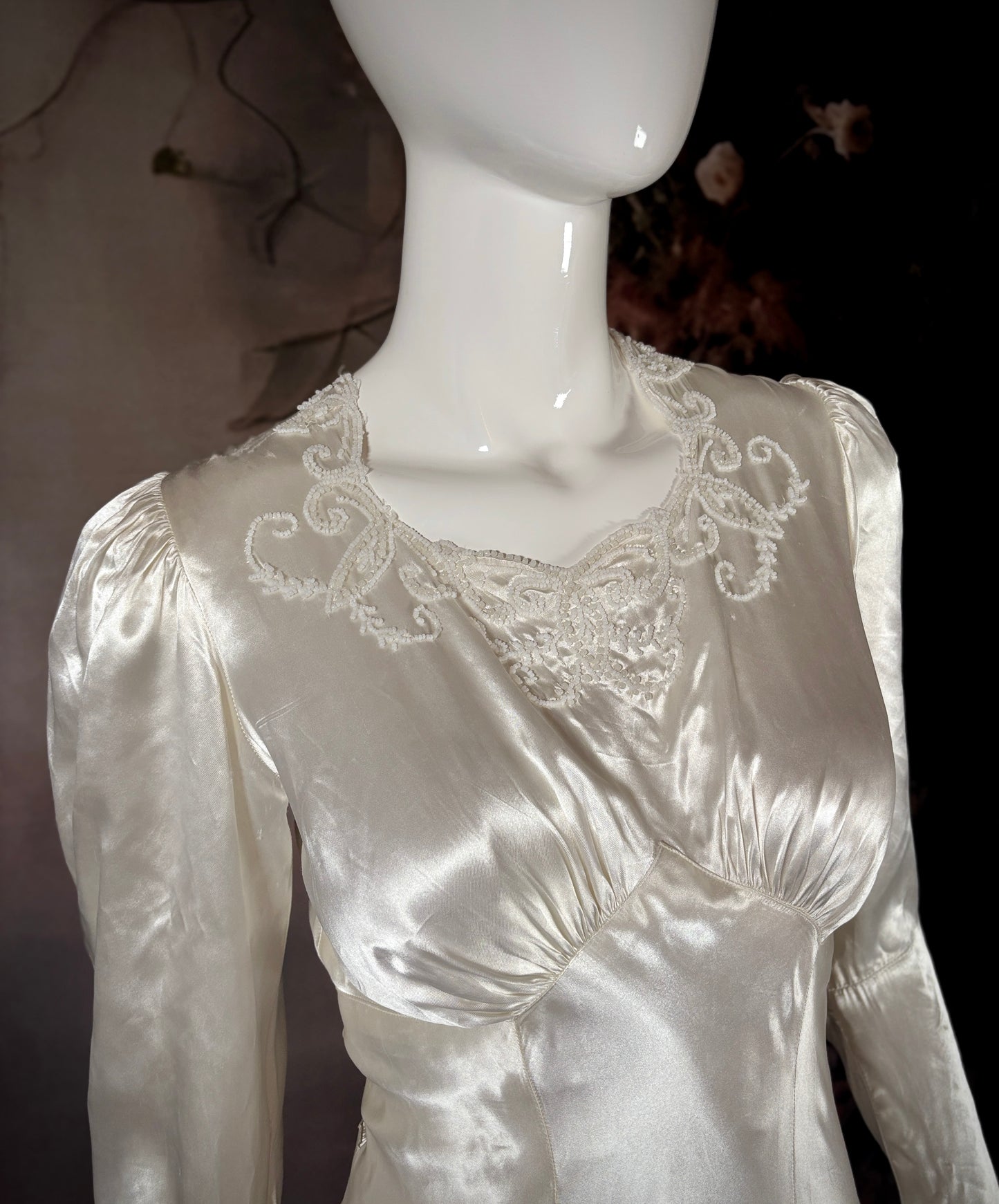 1930s Bias-Cut Candlelight Satin Wedding Dress w/Trailing Train